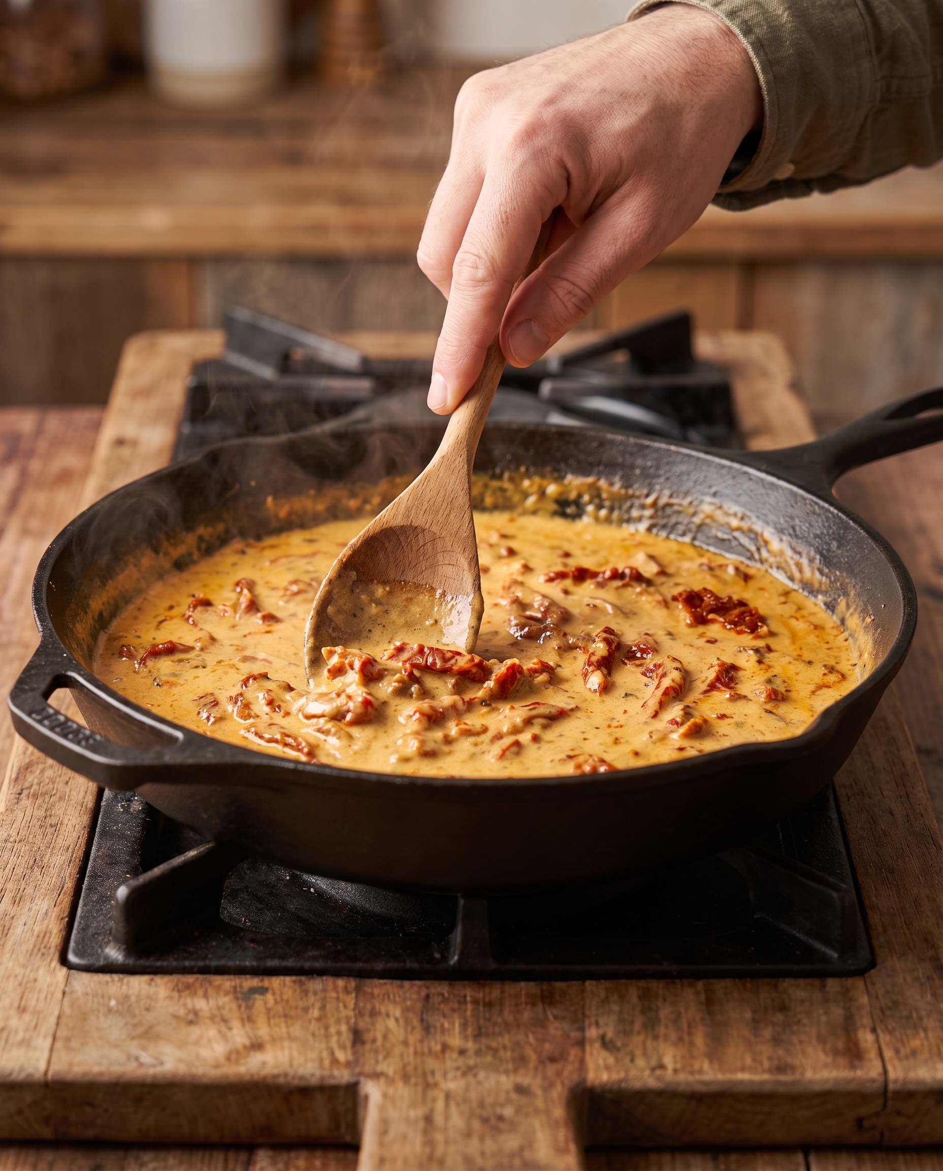 Stirring sun-dried tomatoes in cream sauce