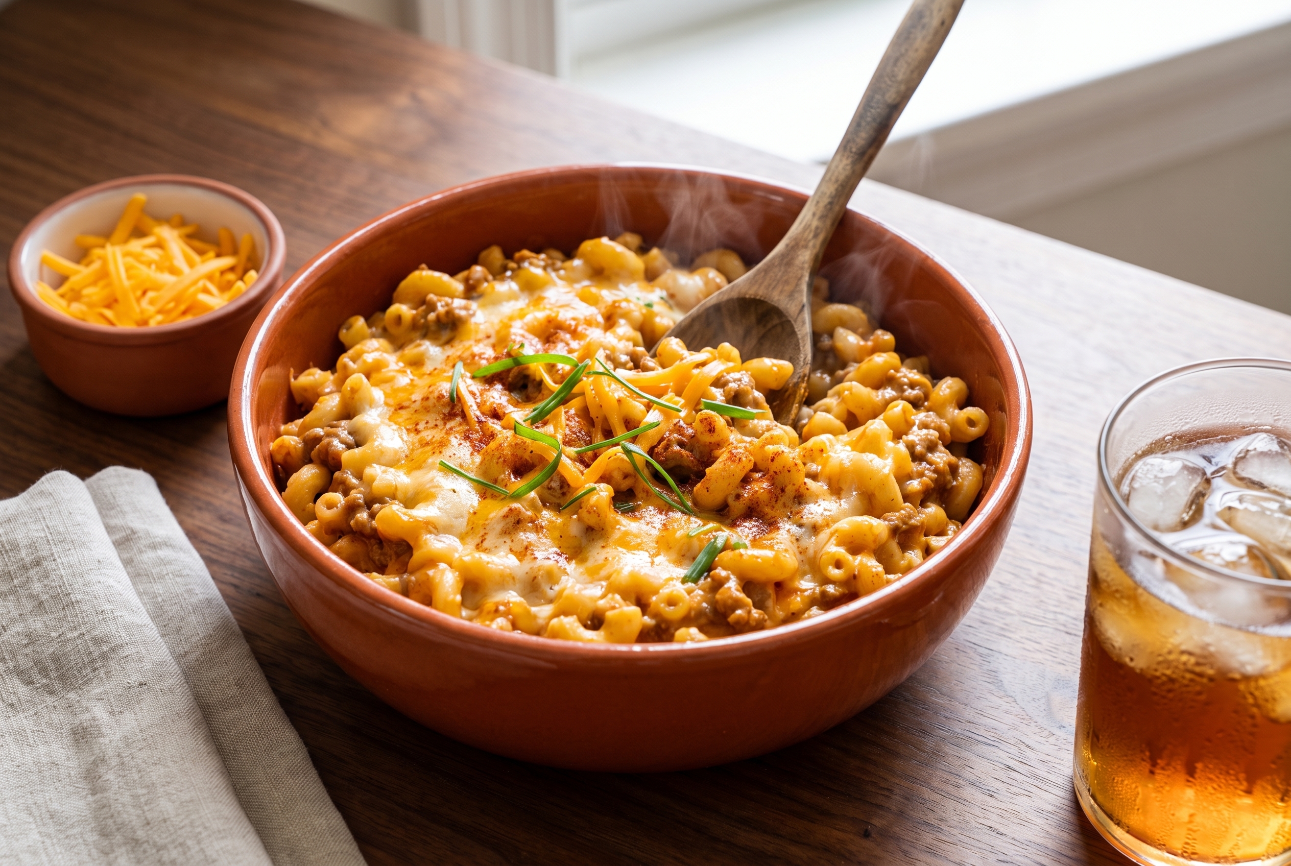 One-pot cheeseburger macaroni in a deep terracotta bowl with melted cheddar and chive garnish