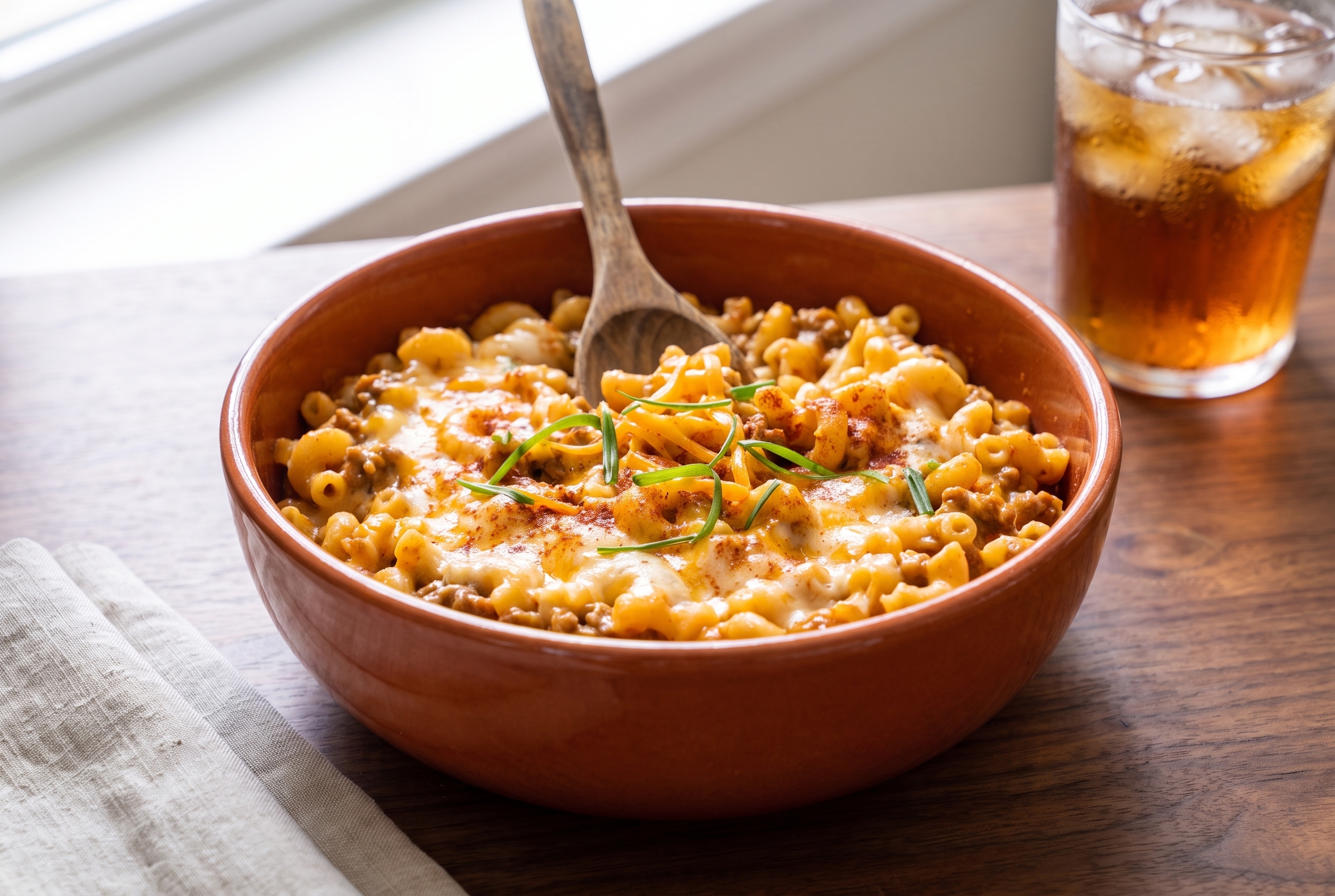 One-pot cheeseburger macaroni in a terracotta bowl from a 3/4 side angle with a glass of iced sweet tea