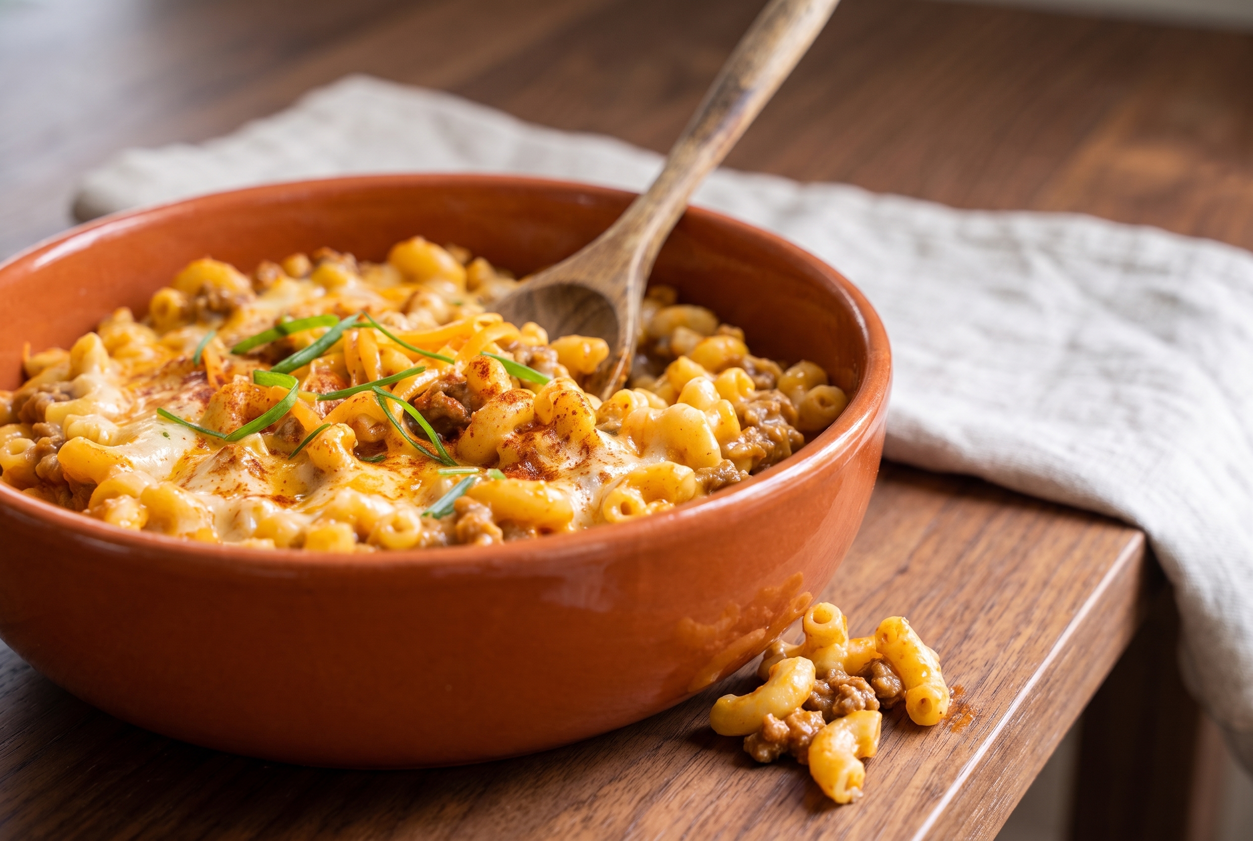 One-pot cheeseburger macaroni in a terracotta bowl from a low side angle with pasta spilling over the edge