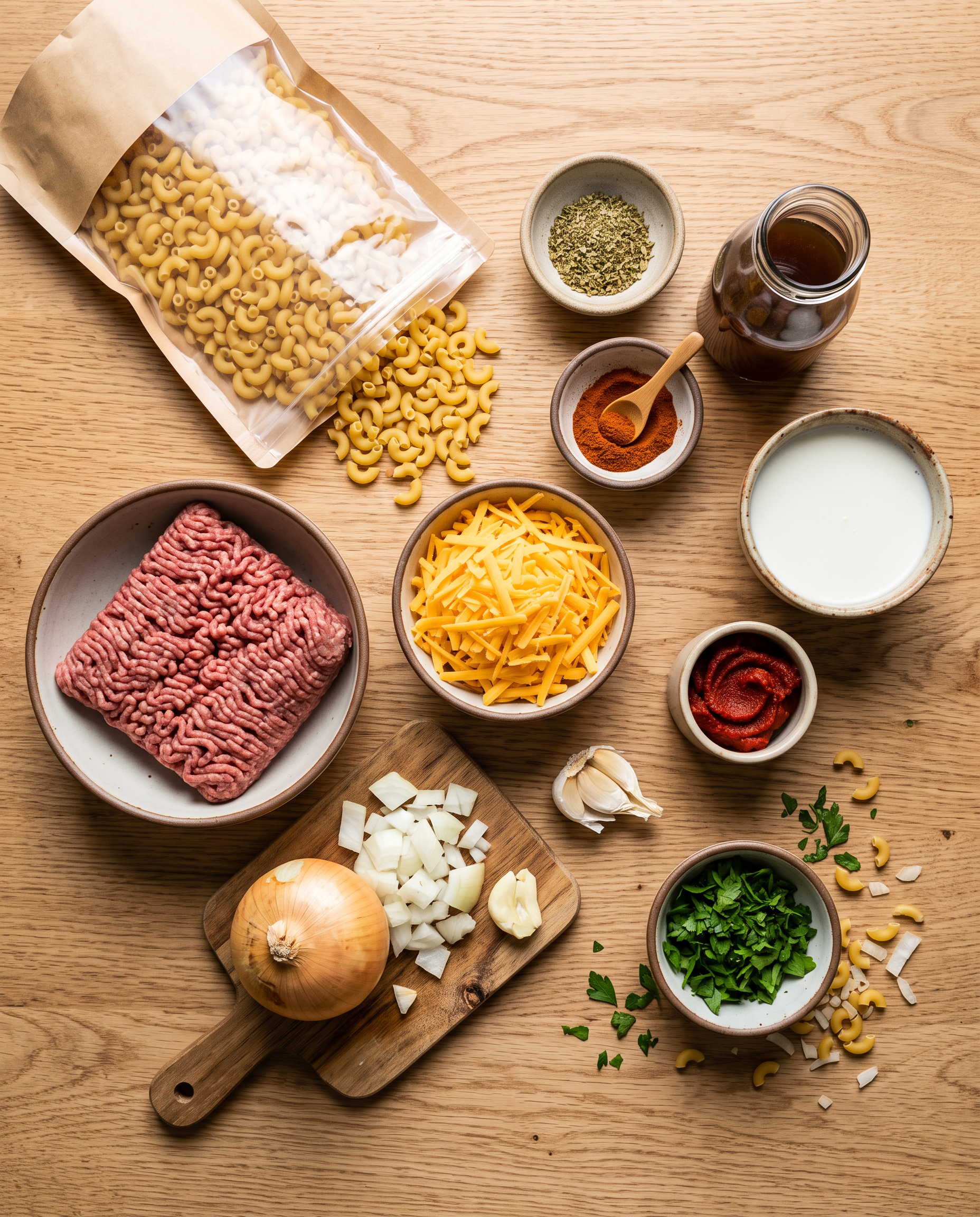 Ingredients for one-pot cheeseburger macaroni on a warm wood table