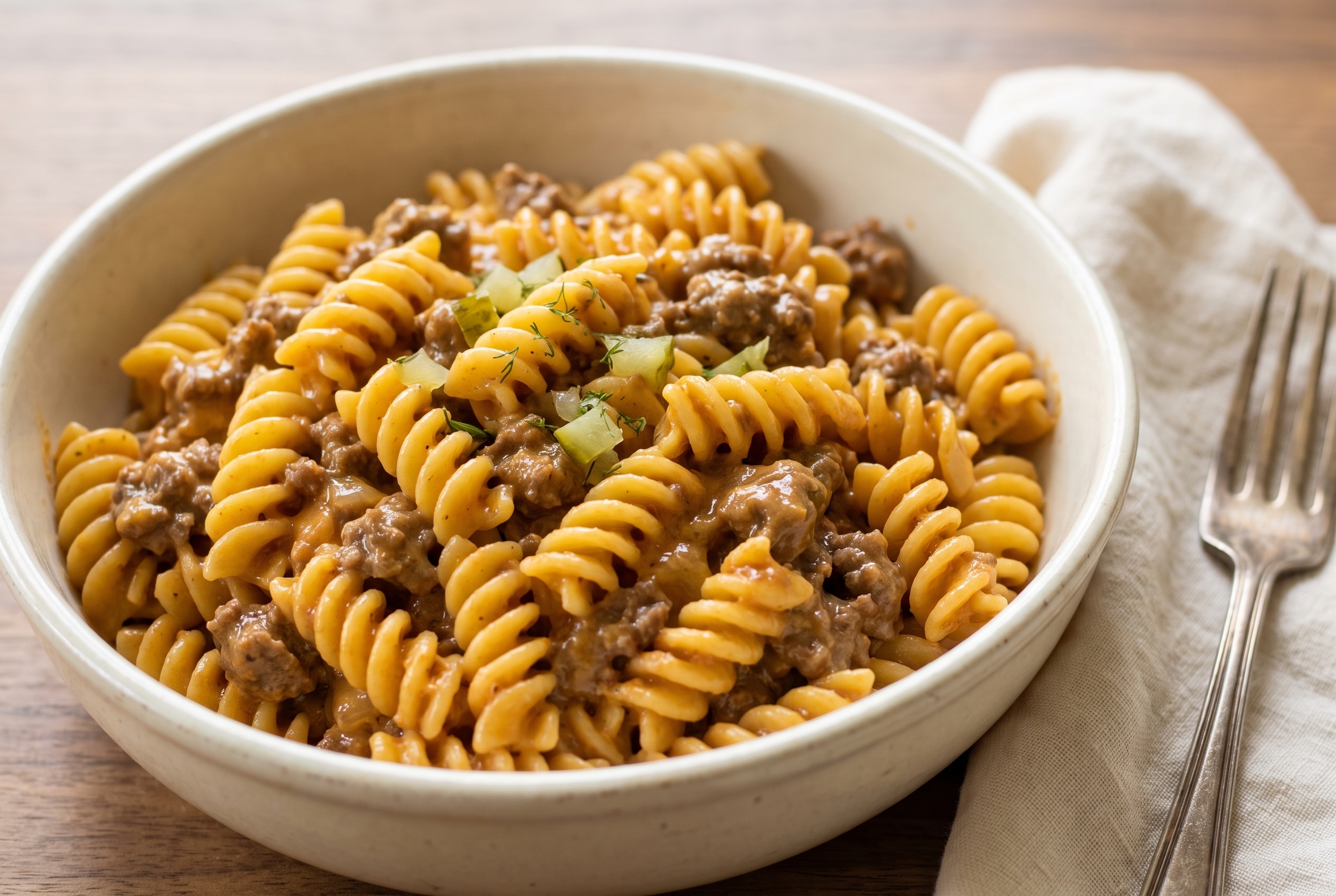 One-pot cheeseburger pasta in a cream bowl