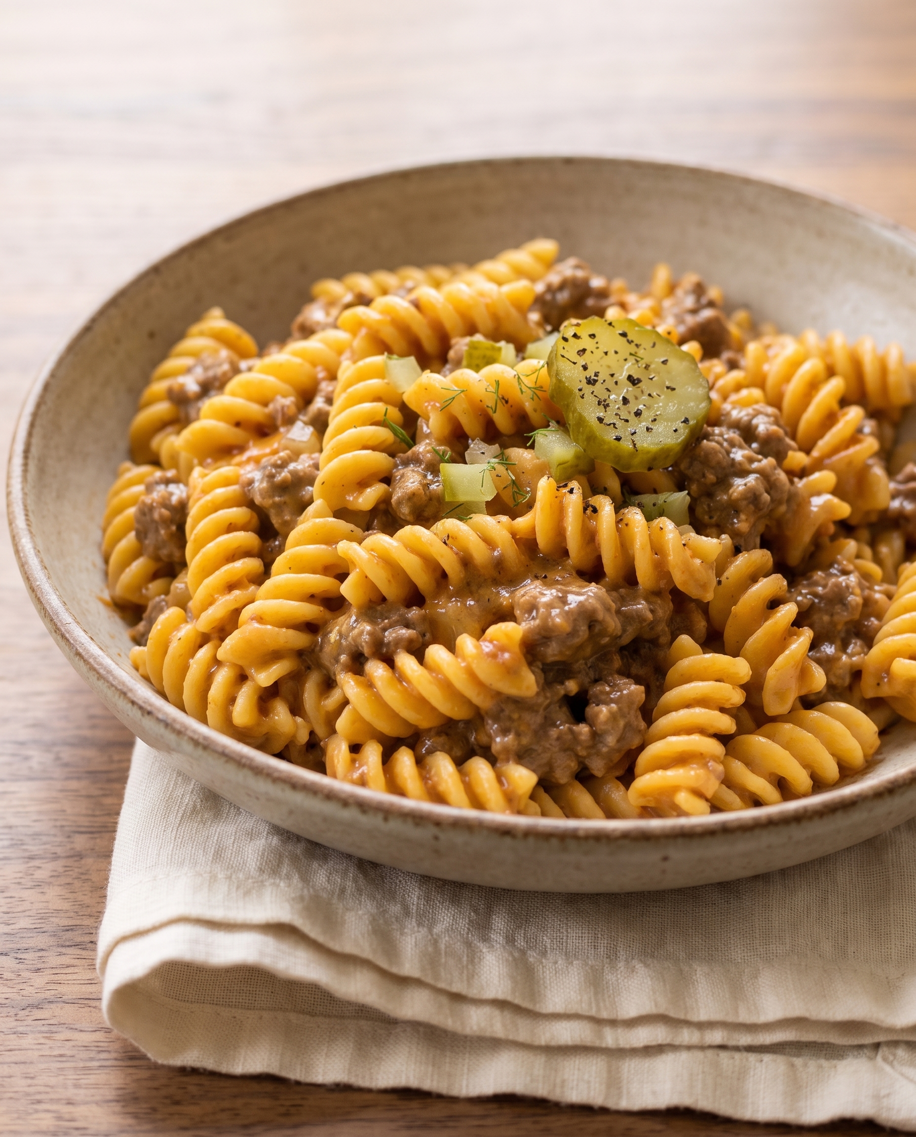 Cheeseburger pasta served in a shallow pasta bowl