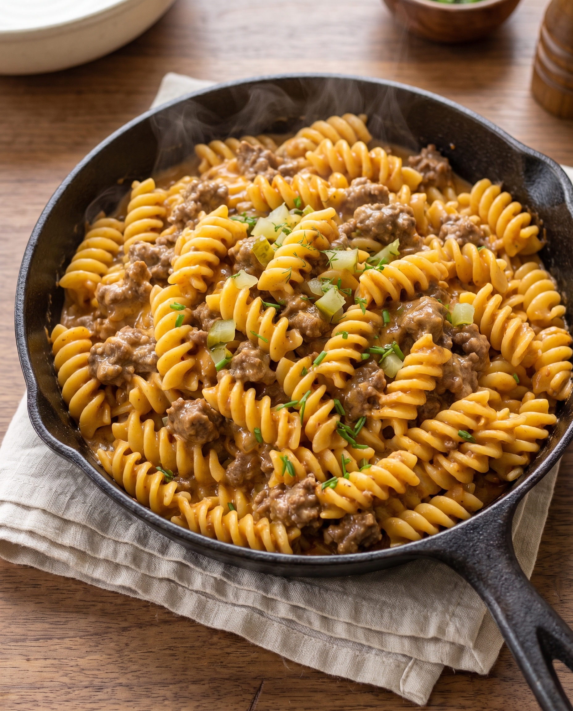 Cheeseburger pasta in a cast iron skillet with pickles and chives