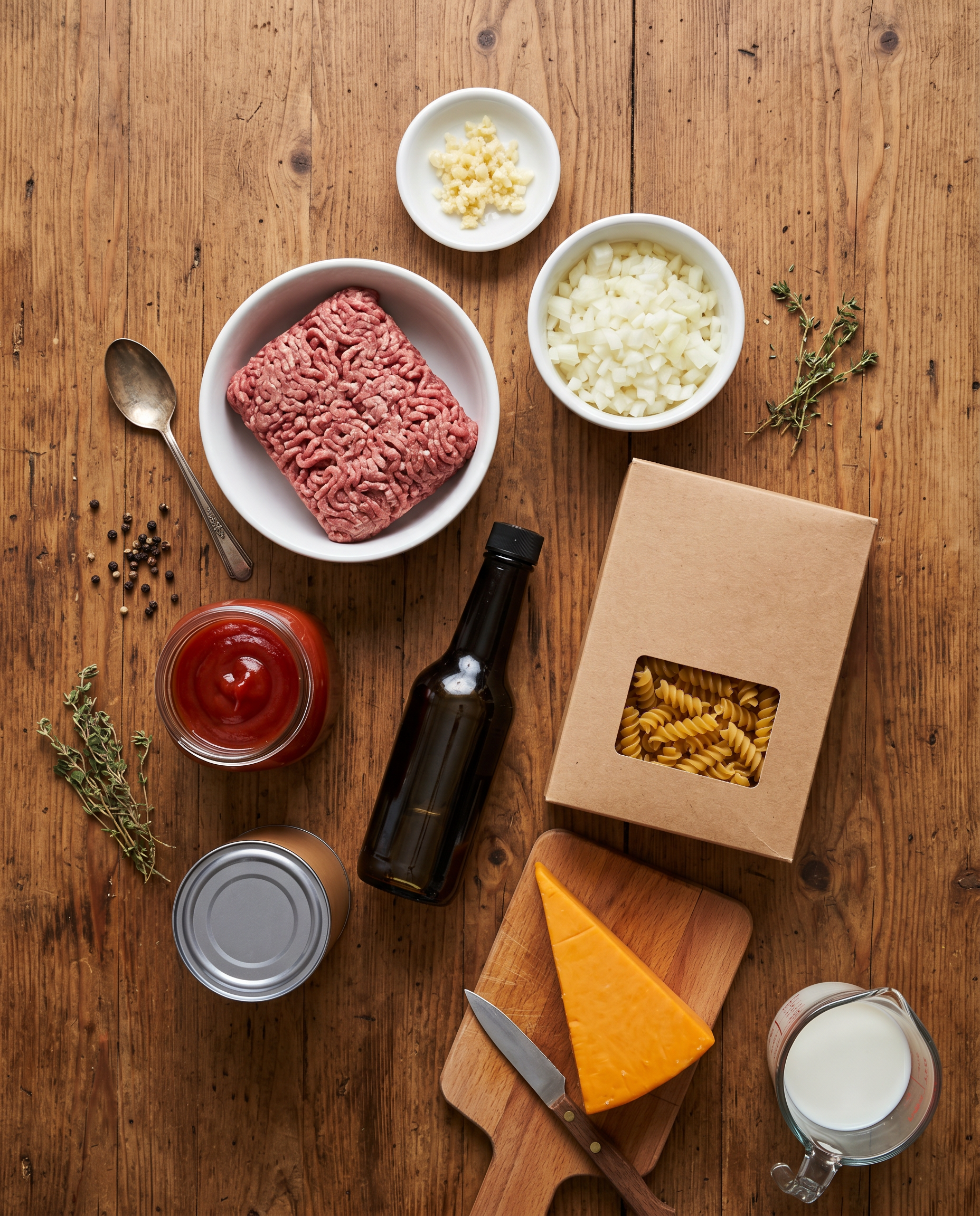 Ingredients for cheeseburger pasta arranged on a wooden table