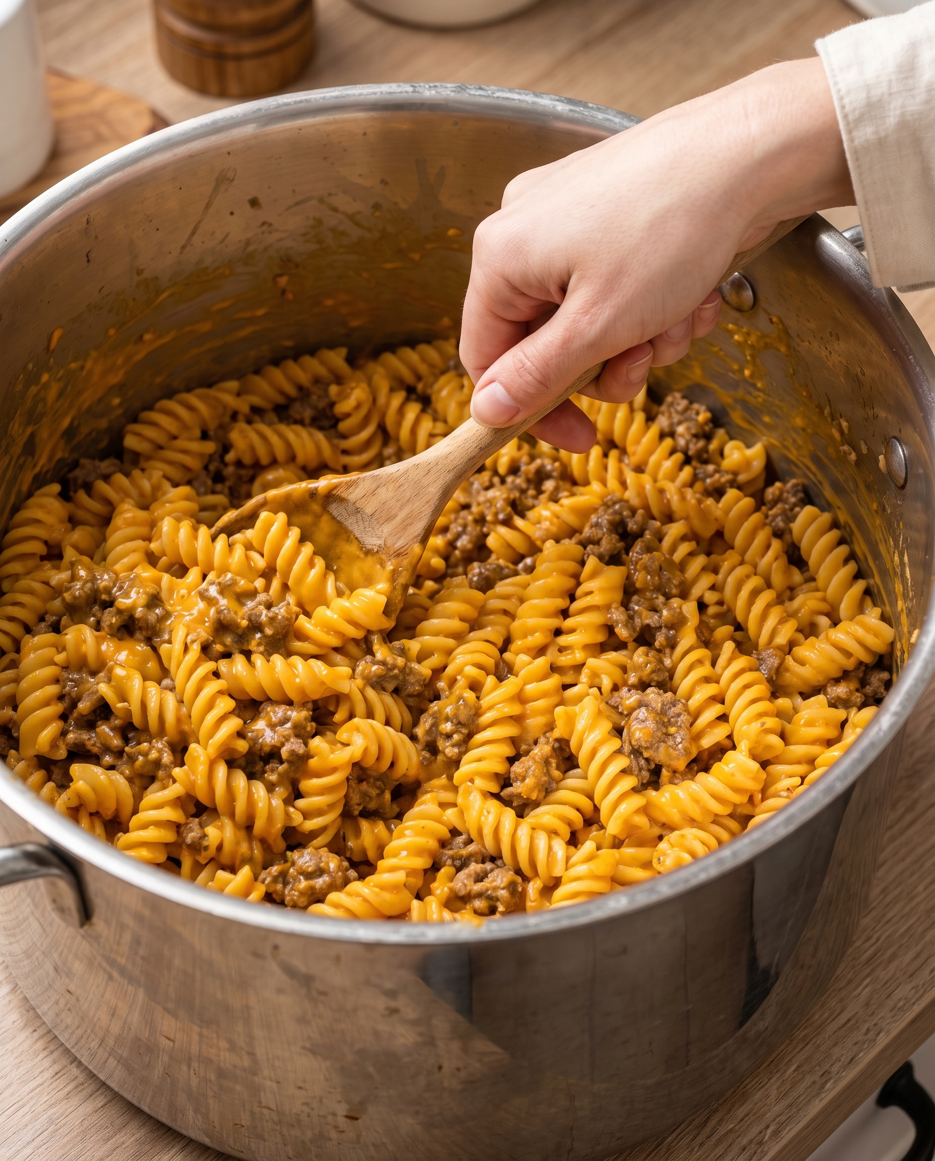 Stirring cheeseburger pasta in a stainless steel pot