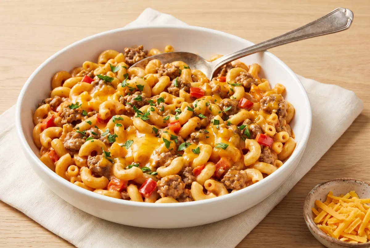 One-pot cheesy beef macaroni in a white serving bowl with parsley