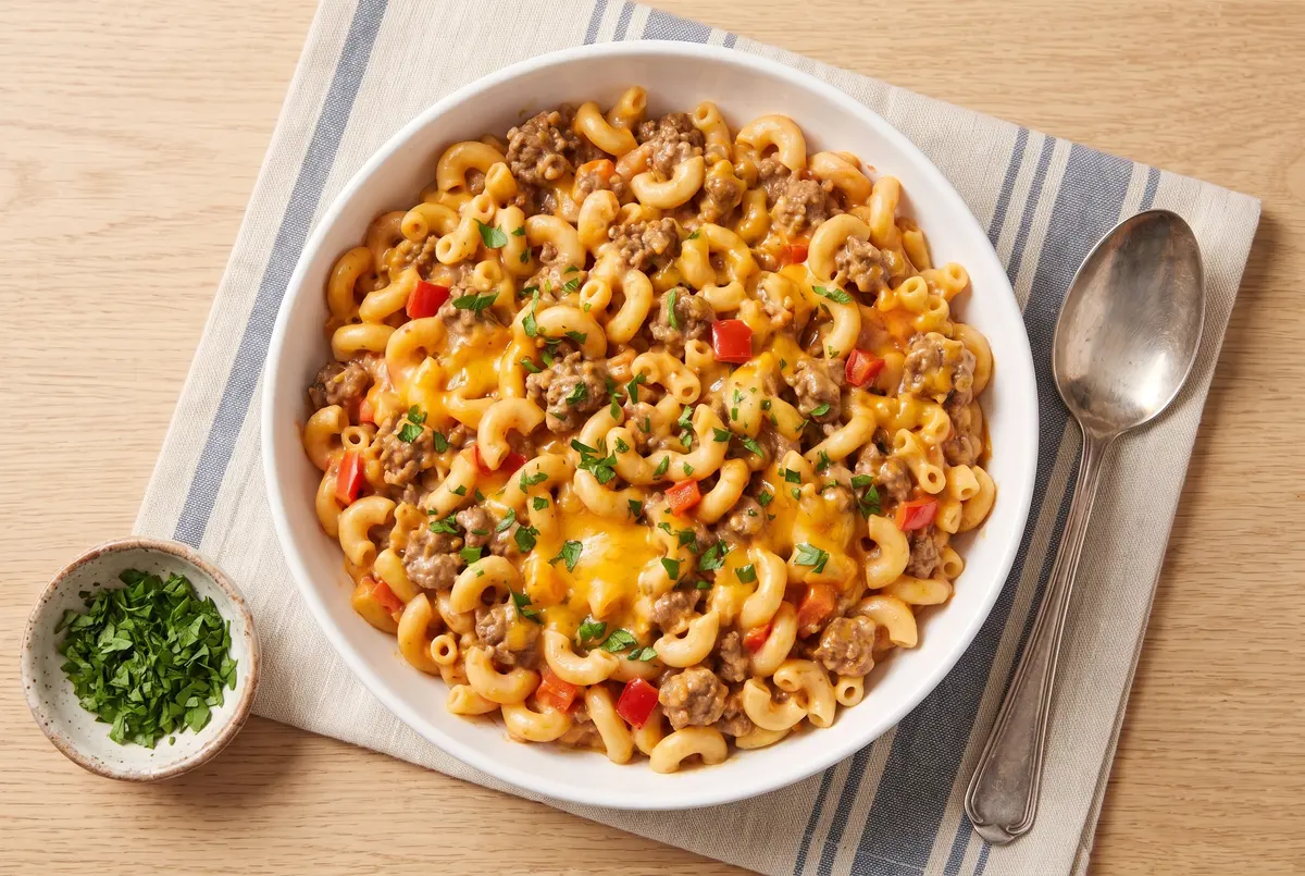 Overhead view of one-pot cheesy beef macaroni with parsley and spoon