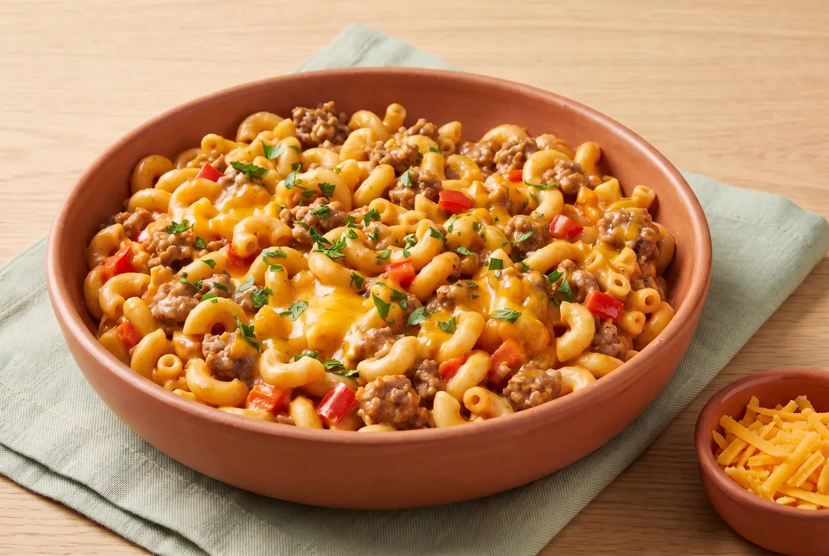 One-pot cheesy beef macaroni served in a terracotta bowl