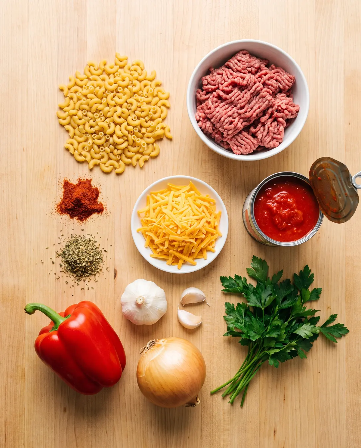 Ingredients for one-pot cheesy beef macaroni arranged on a wooden table
