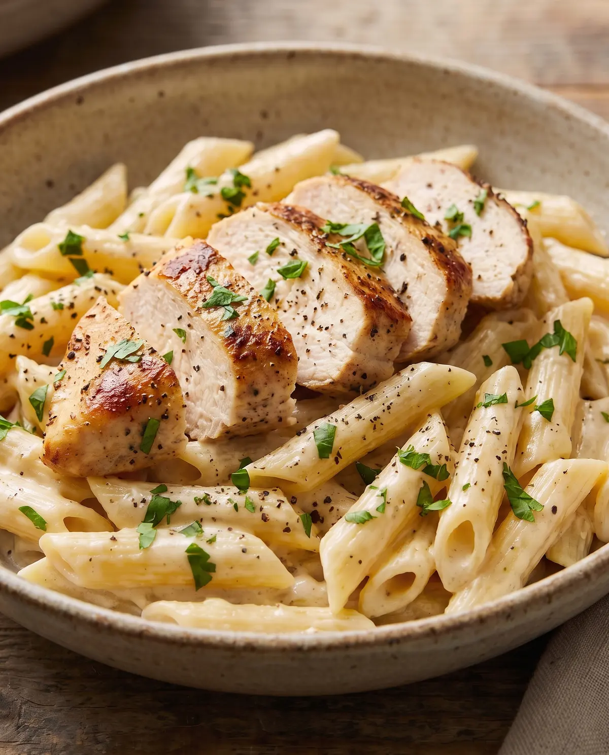 One-Pot Chicken Alfredo Penne finished dish
