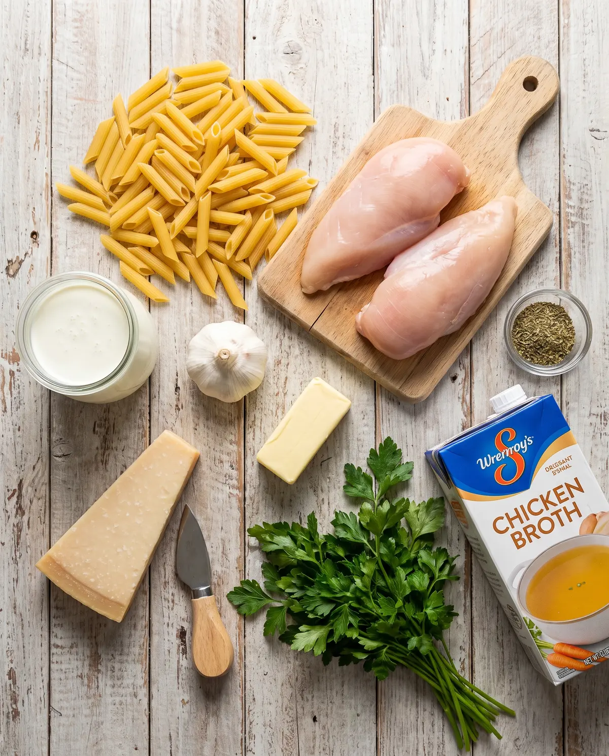 Ingredients for One-Pot Creamy Chicken Alfredo Penne