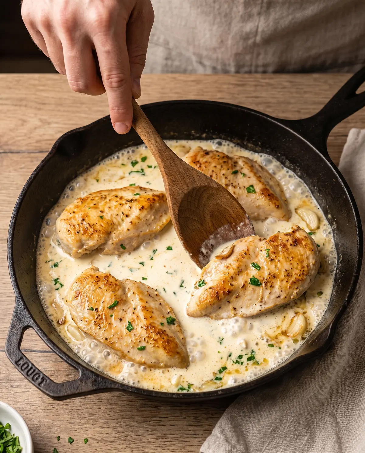 Stirring chicken alfredo in one pot