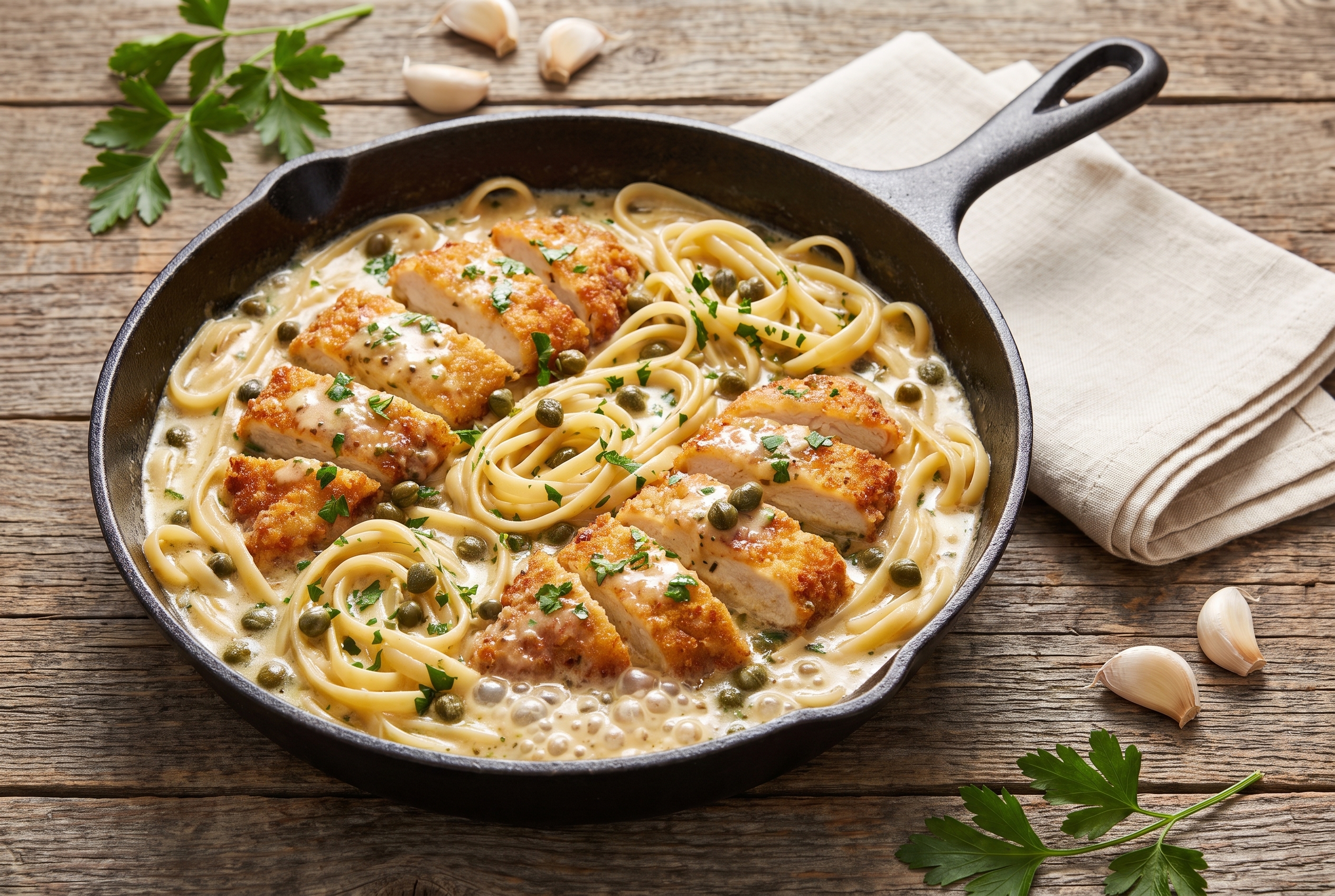 Creamy one-pot chicken piccata pasta in a cast iron skillet