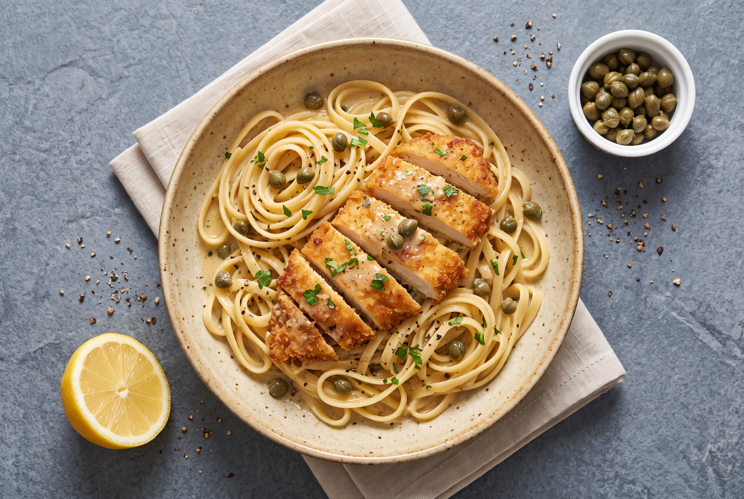 Plated portion of creamy chicken piccata pasta on a stone surface