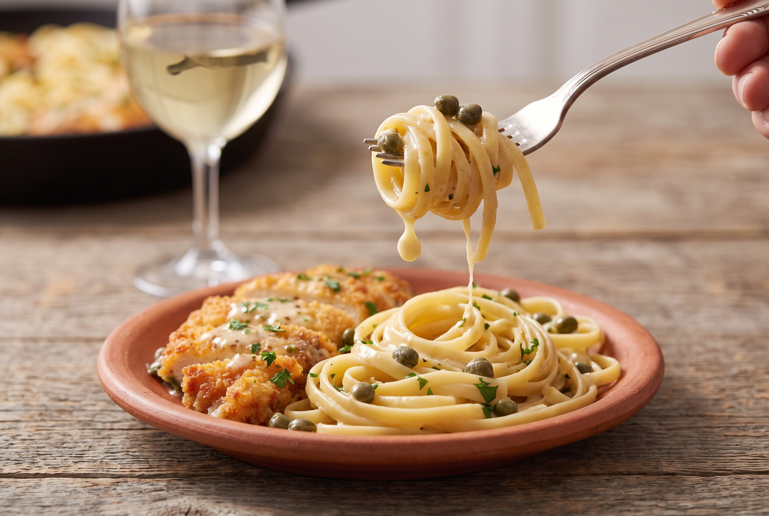 Fork lifting a bite of creamy chicken piccata pasta from a small plate