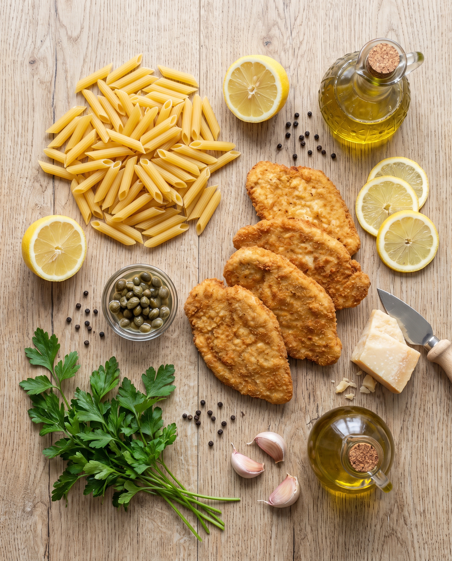 Ingredients for one-pot chicken piccata pasta arranged on a wooden table