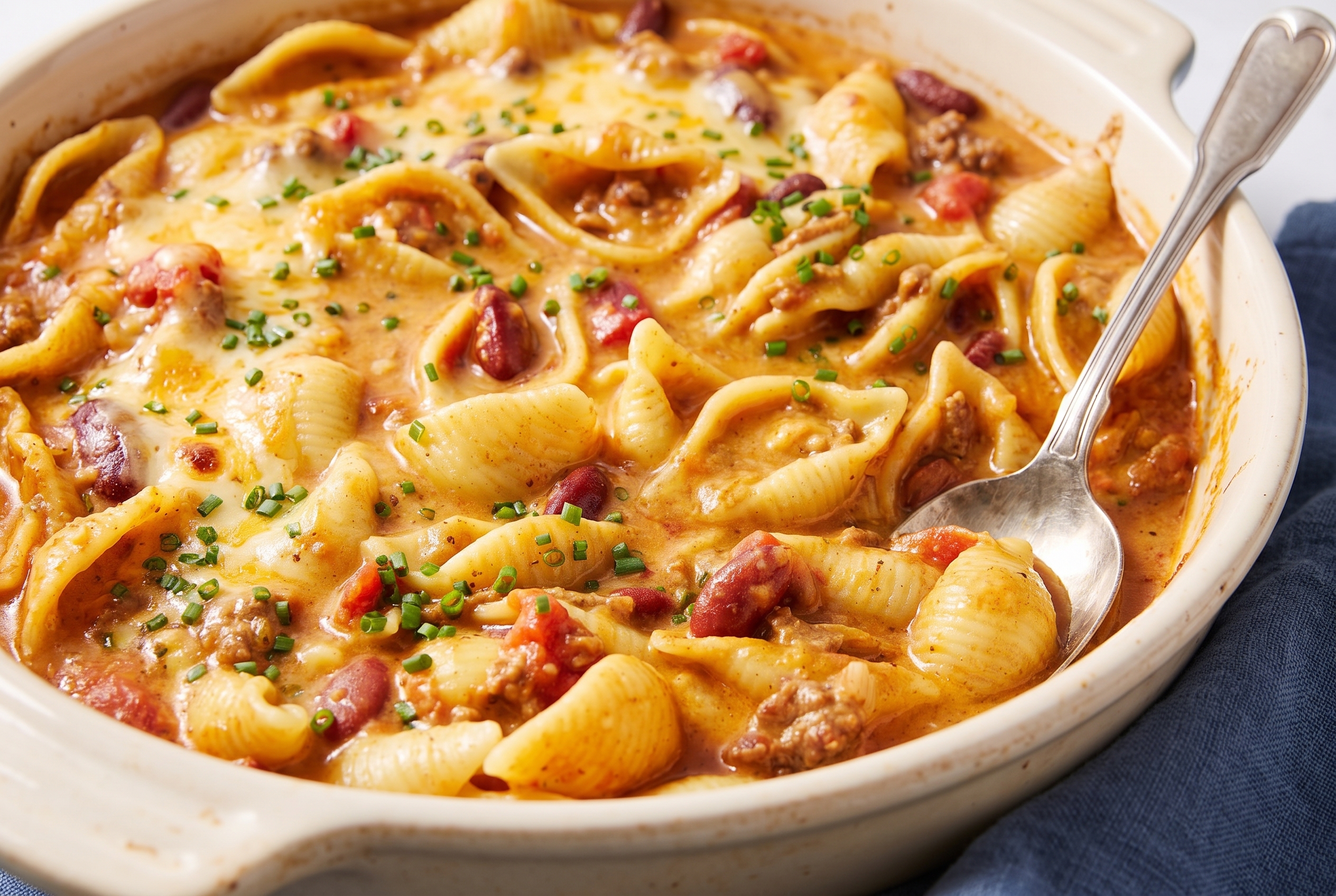 One-Pot Chili Mac in a ceramic baking dish, shell pasta with ground beef, kidney beans, and melted cheddar, garnished with chives