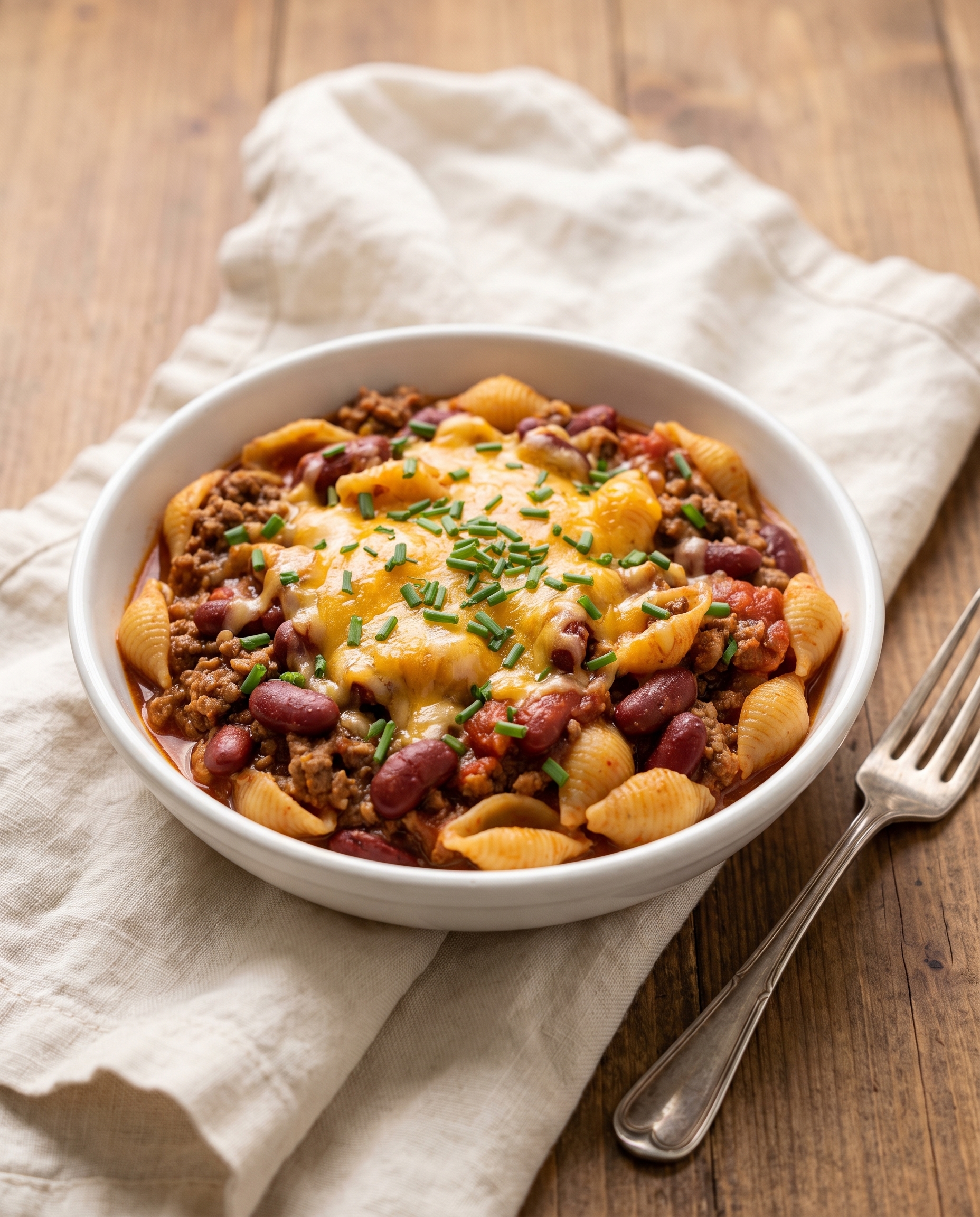 A white bowl of chili mac on a linen napkin, viewed from a low angle, with a silver fork beside it