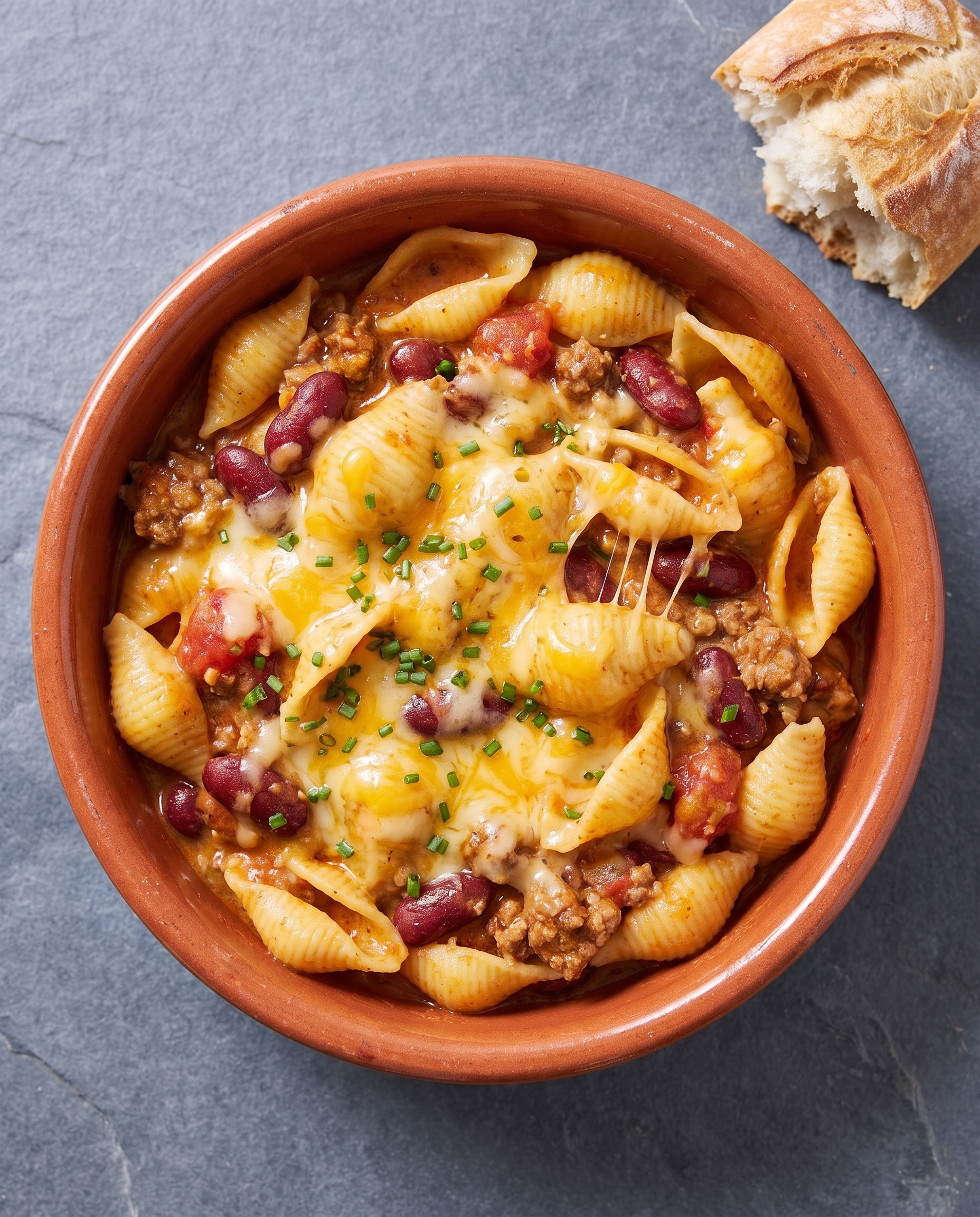 A terracotta bowl of chili mac on a slate surface, topped with melted cheddar and chives, with a piece of crusty bread to the side