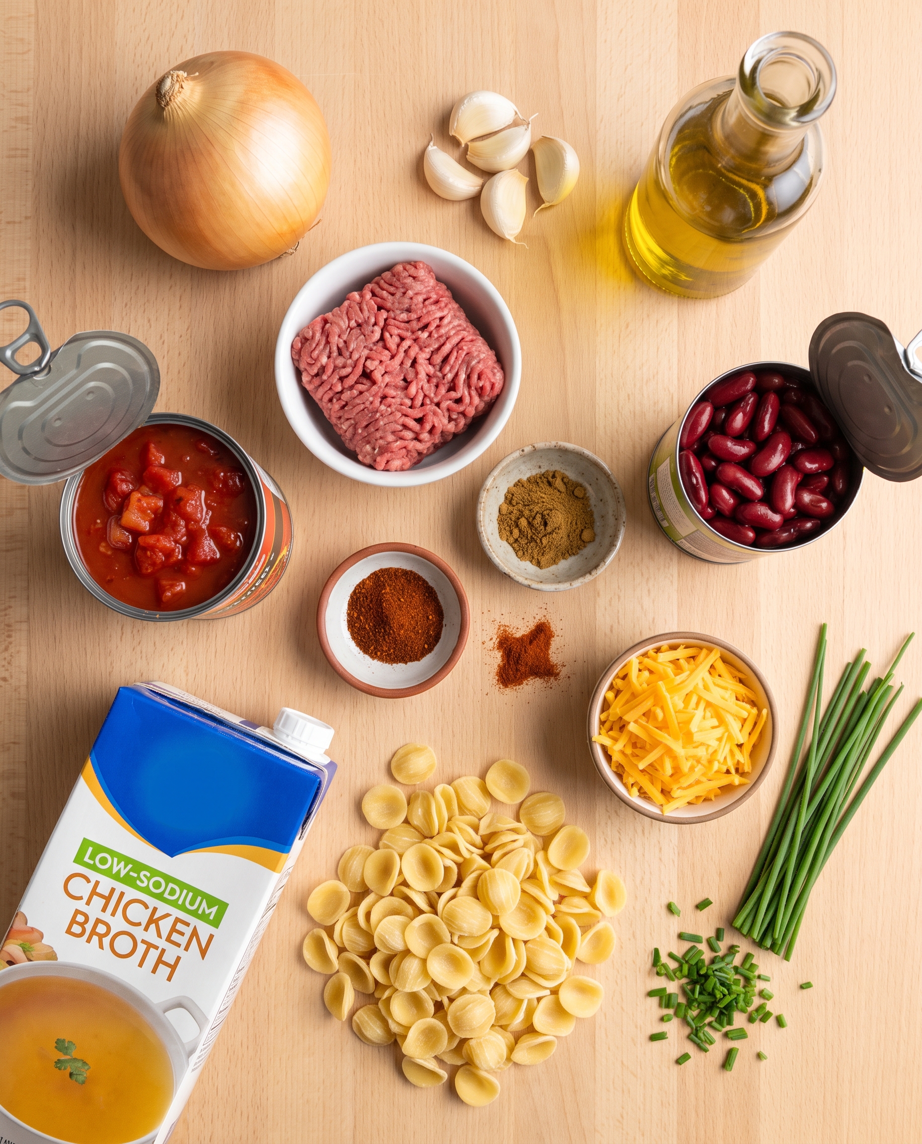 Top-down flat-lay of chili mac ingredients on a warm wood table: onion, garlic, olive oil, ground beef, fire-roasted tomatoes, kidney beans, spices, pasta, cheddar, and chives