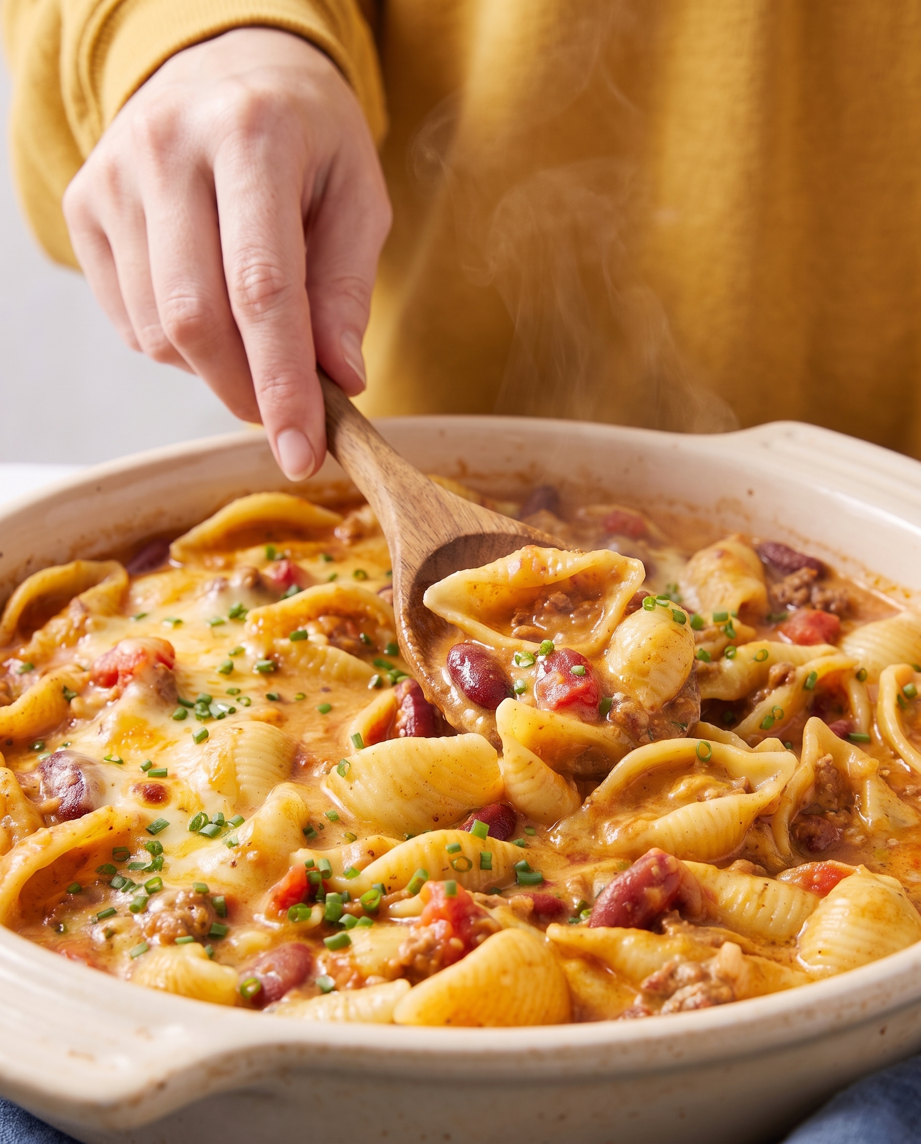 A woman's hand with bare nails stirring a pot of chili mac with a wooden spoon, steam rising