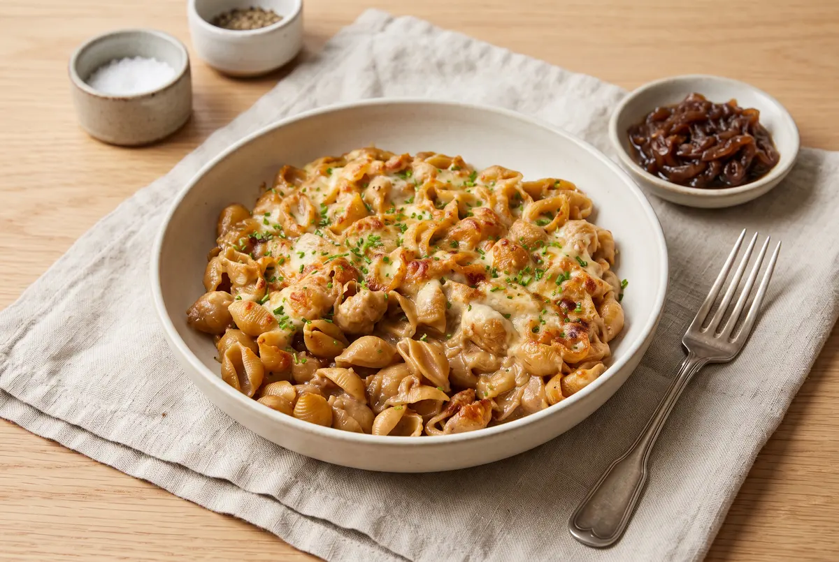 One-pot french onion pasta in a white bowl with melted gruyere on top, chives sprinkled, on a cream linen napkin