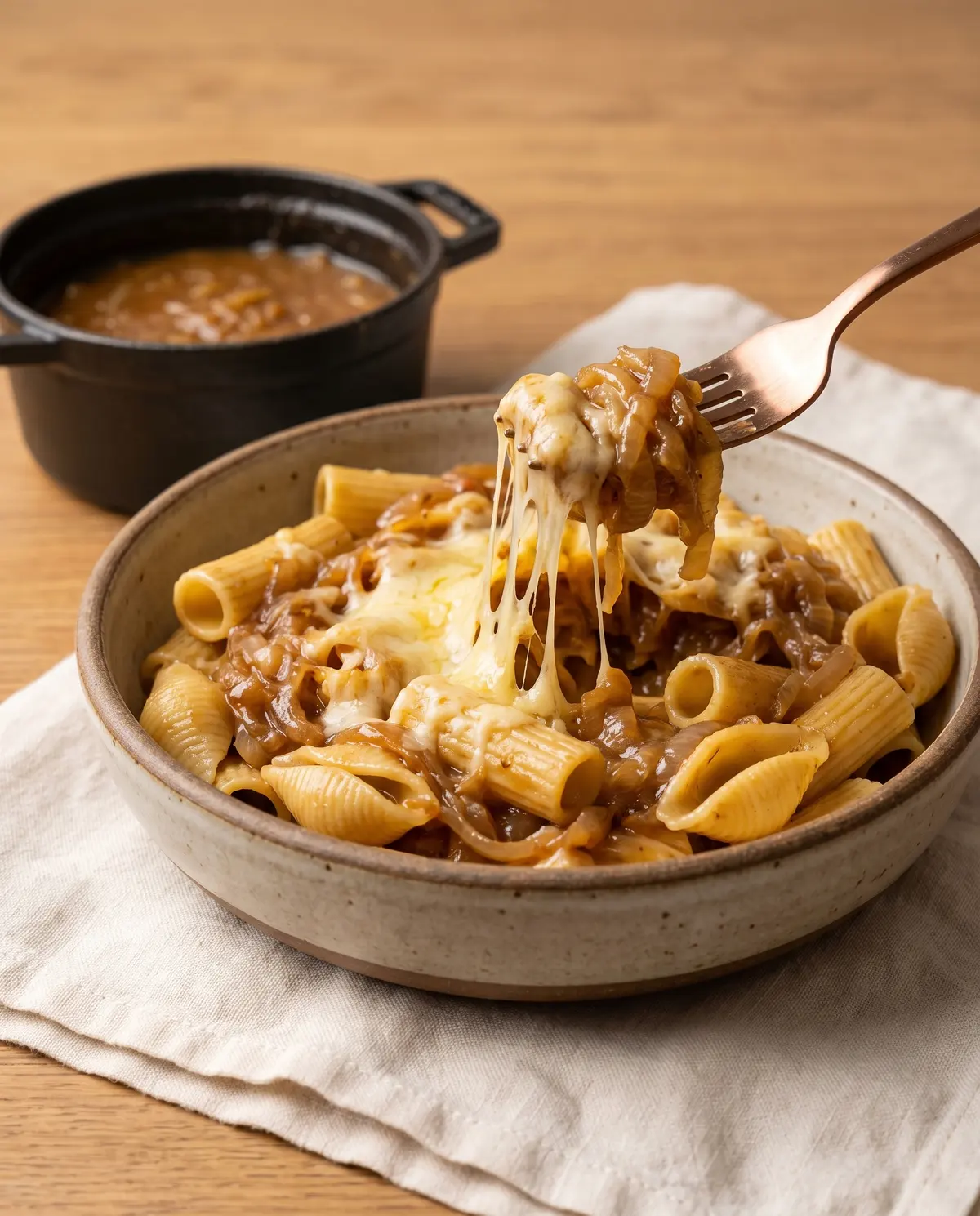 Stoneware bowl of french onion pasta with copper fork twirling a cheesy bite, mini cast iron pot in the background