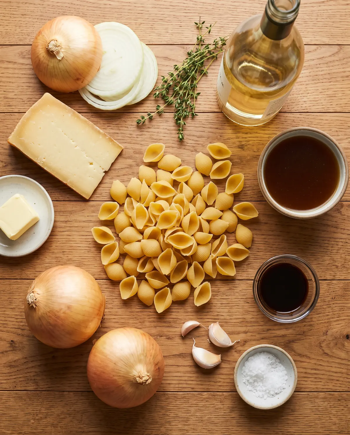 Top-down flat-lay of yellow onions, gruyere, dry white wine, beef broth, pasta shells, thyme, garlic, butter, and salt on a wooden table