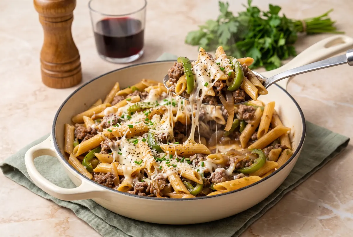 One-pot Philly cheesesteak pasta in a cream skillet with melted provolone