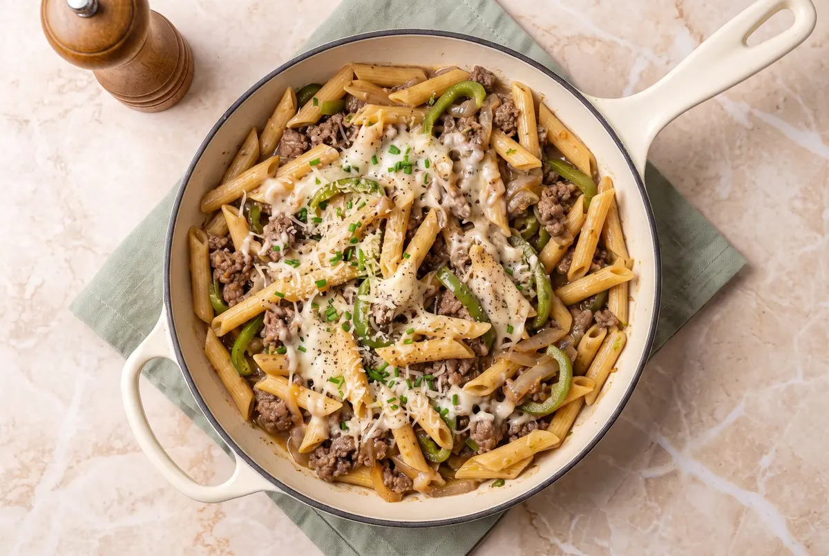 Overhead view of Philly cheesesteak pasta in a cream skillet