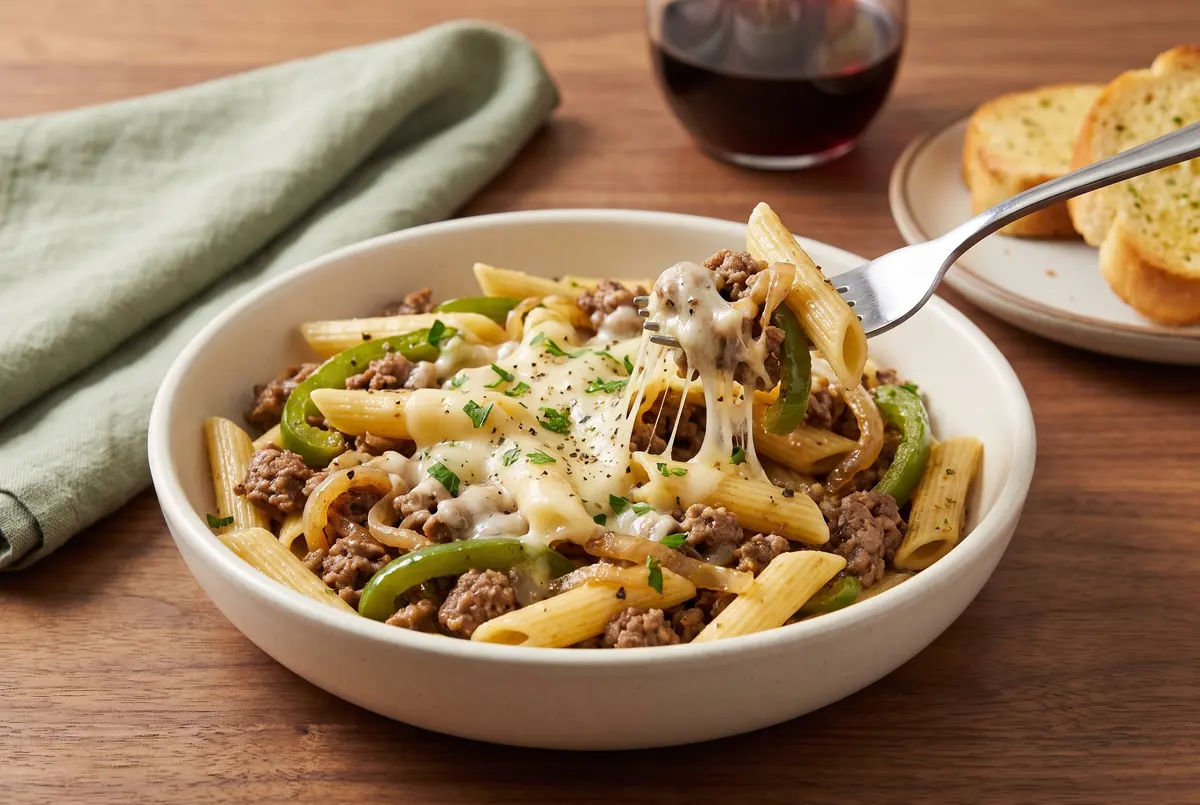 Plated portion of Philly cheesesteak pasta in a white bowl with a fork