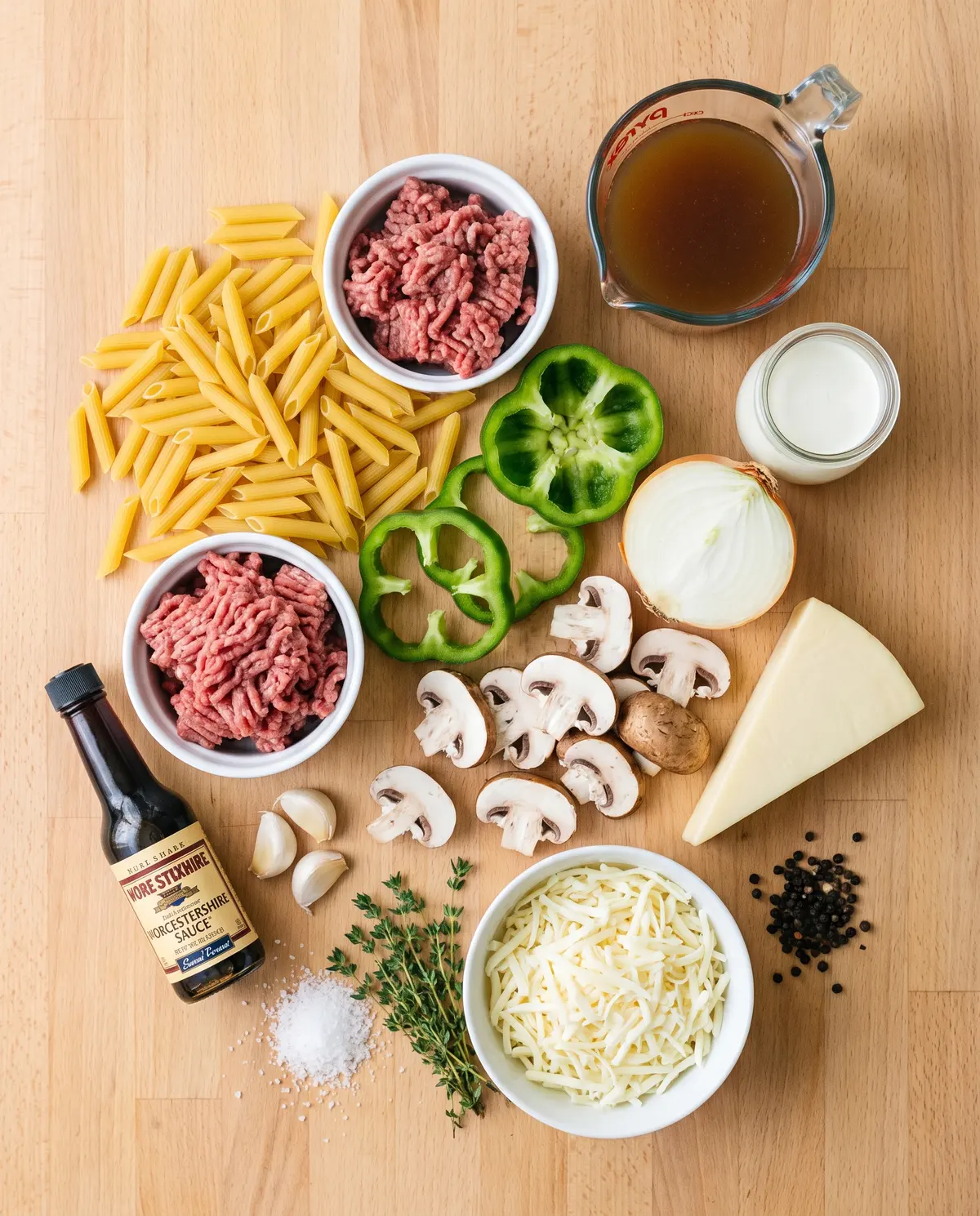 Ingredients for Philly cheesesteak pasta laid out on a wooden table