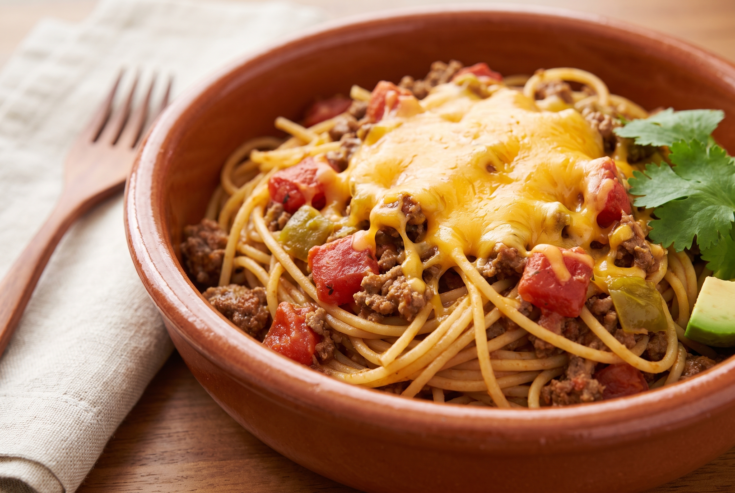 One-Pot Taco Spaghetti served in a rustic bowl with melted cheddar