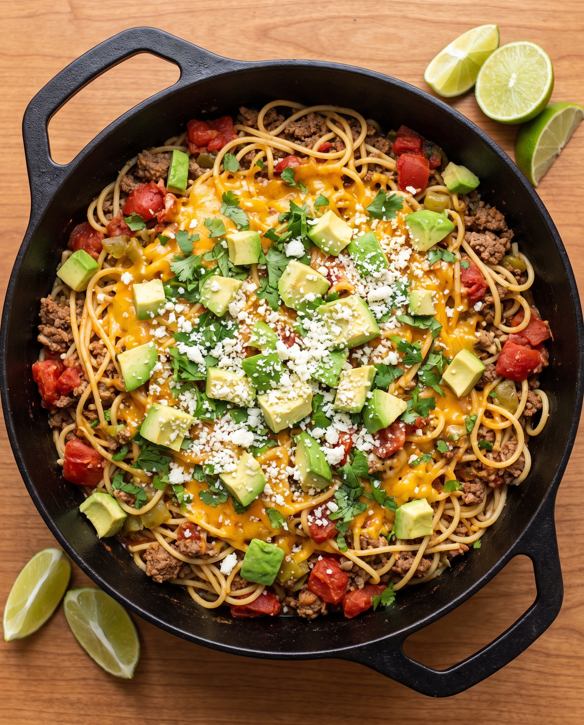 Overhead view of one-pot taco spaghetti in a cast-iron Dutch oven
