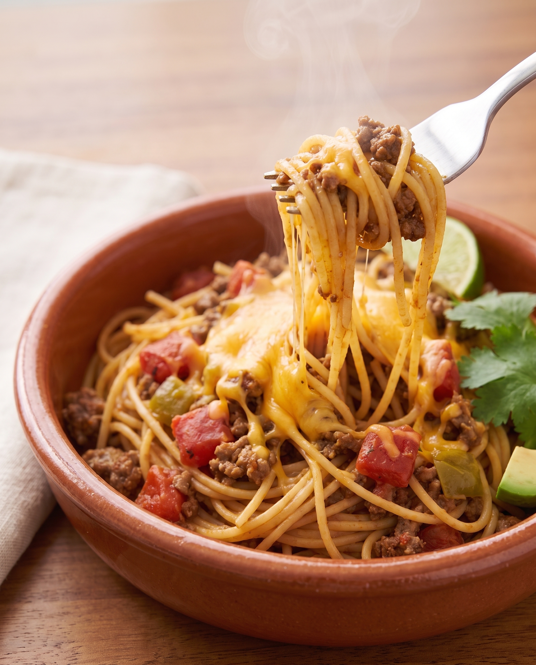 Side angle of one-pot taco spaghetti plated with a fork twirled with noodles