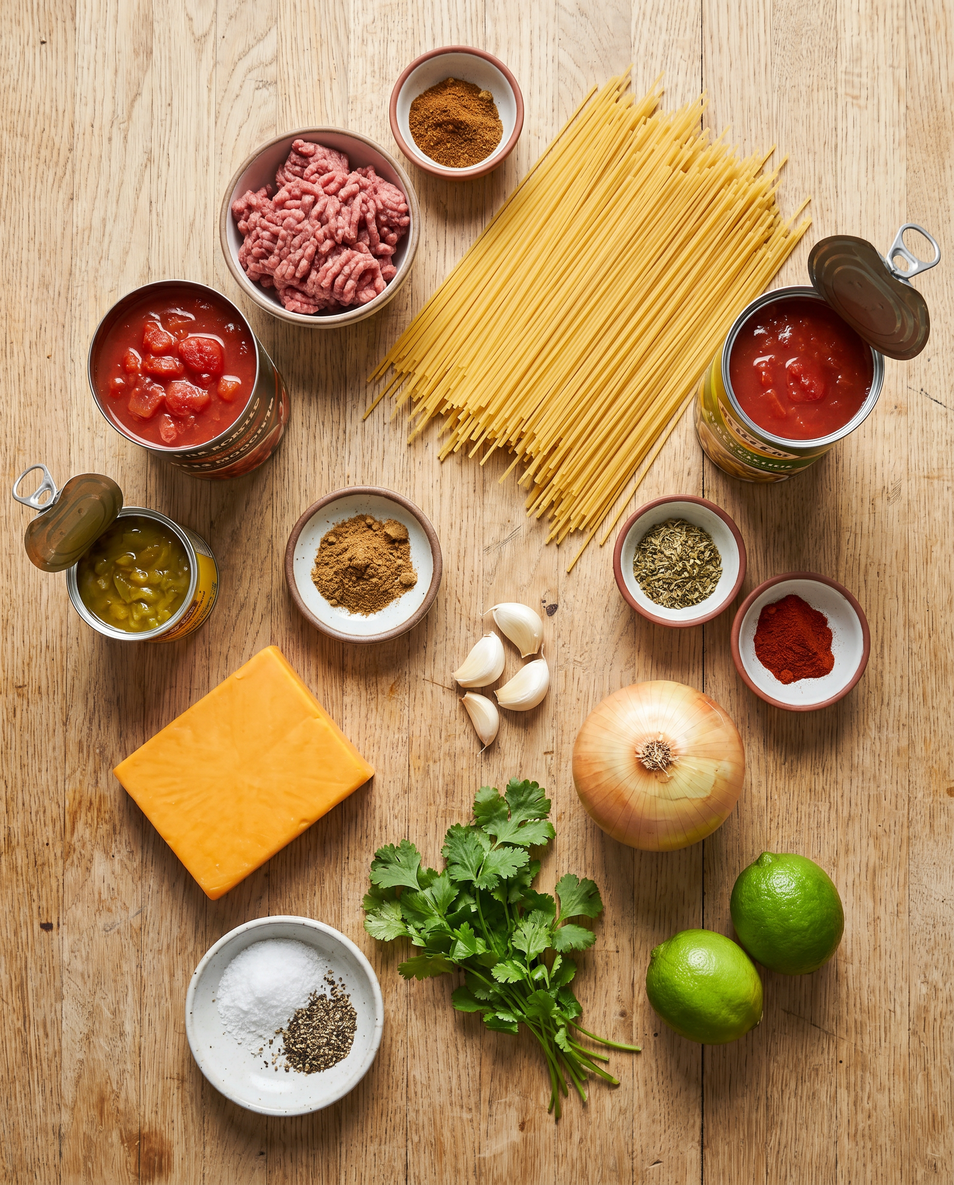 Top-down flat-lay of taco spaghetti ingredients on a warm wooden table