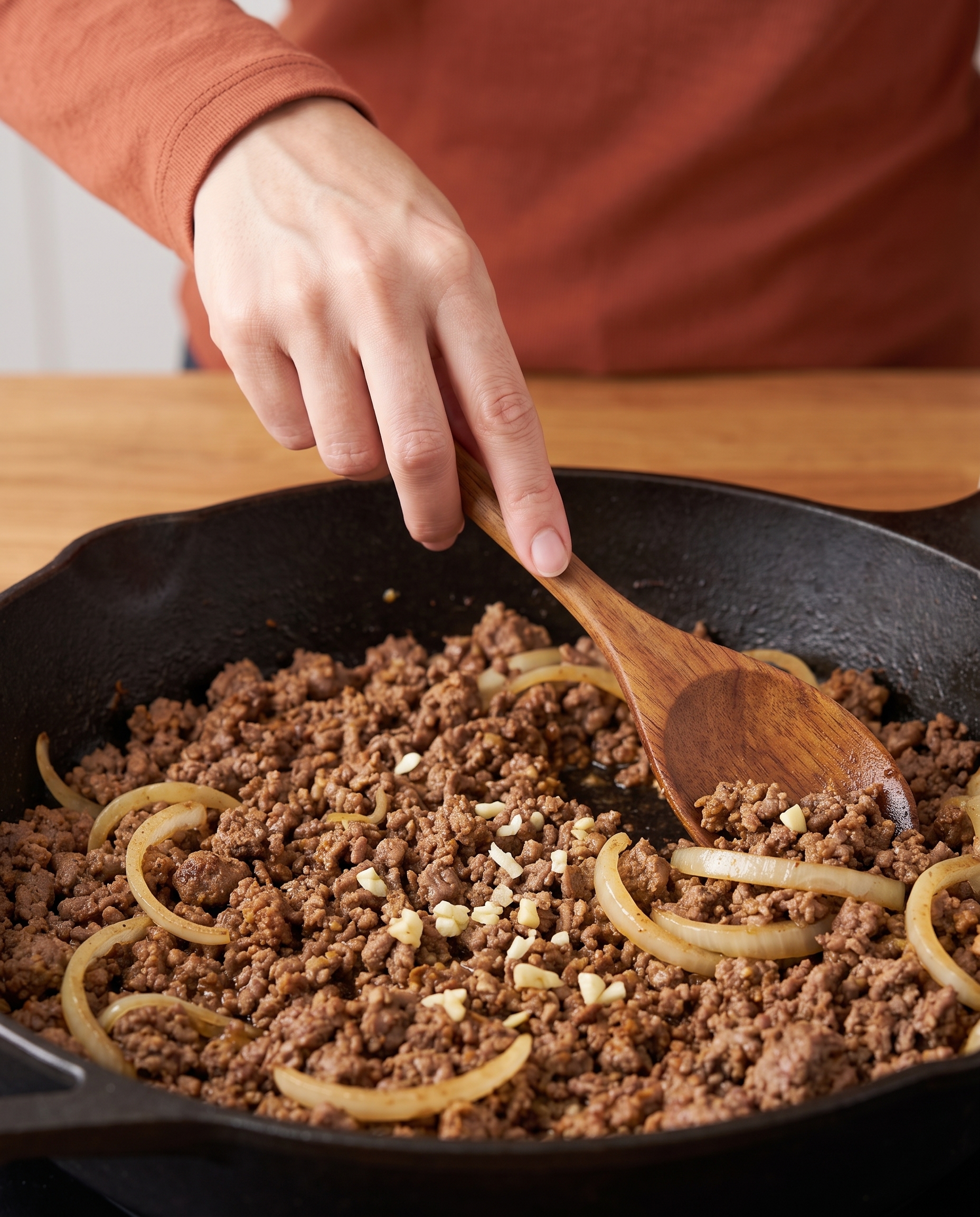 A woman stirring seasoned beef in a deep skillet to begin one-pot taco spaghetti