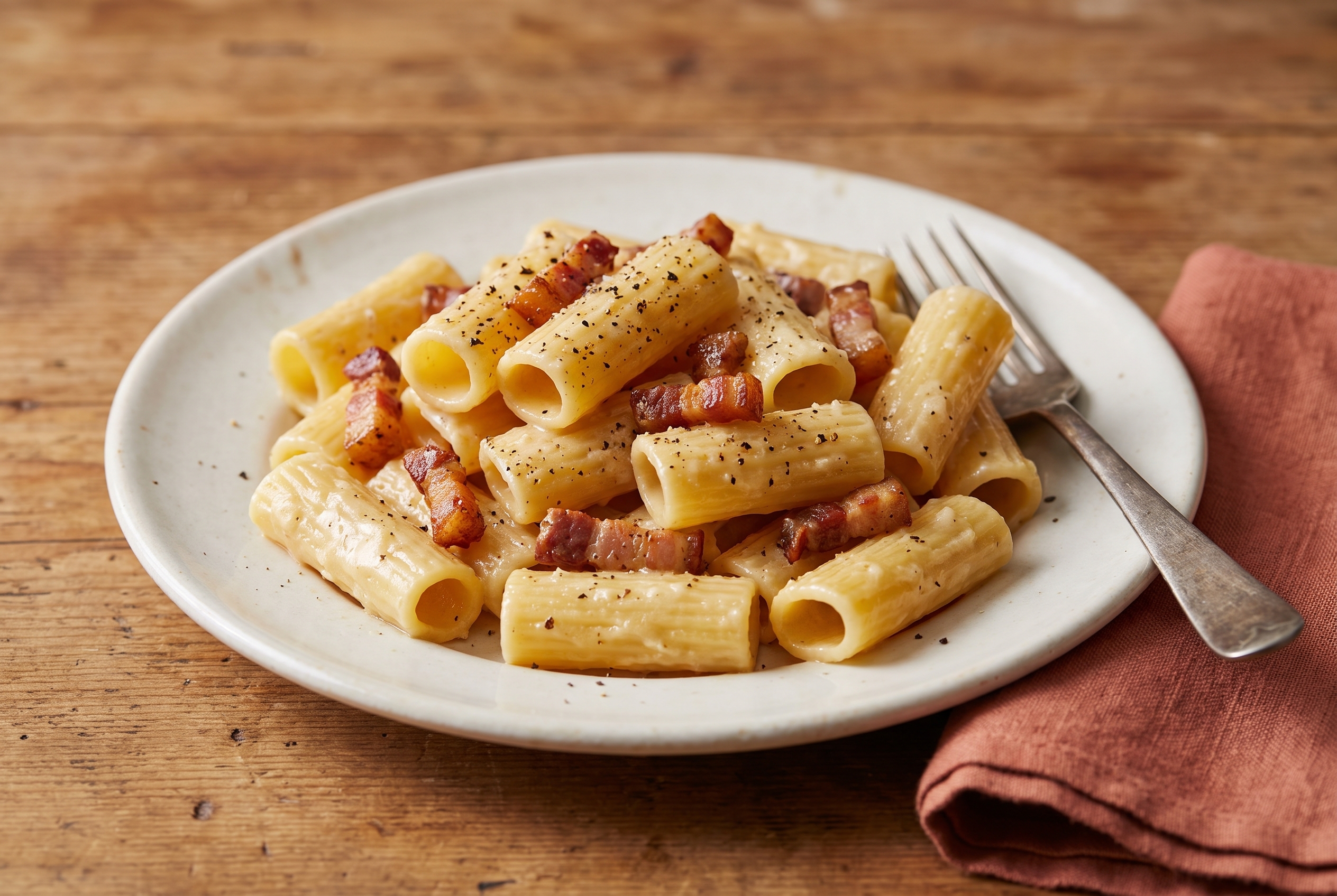 Pasta alla Gricia in a white ceramic bowl on a warm wooden table