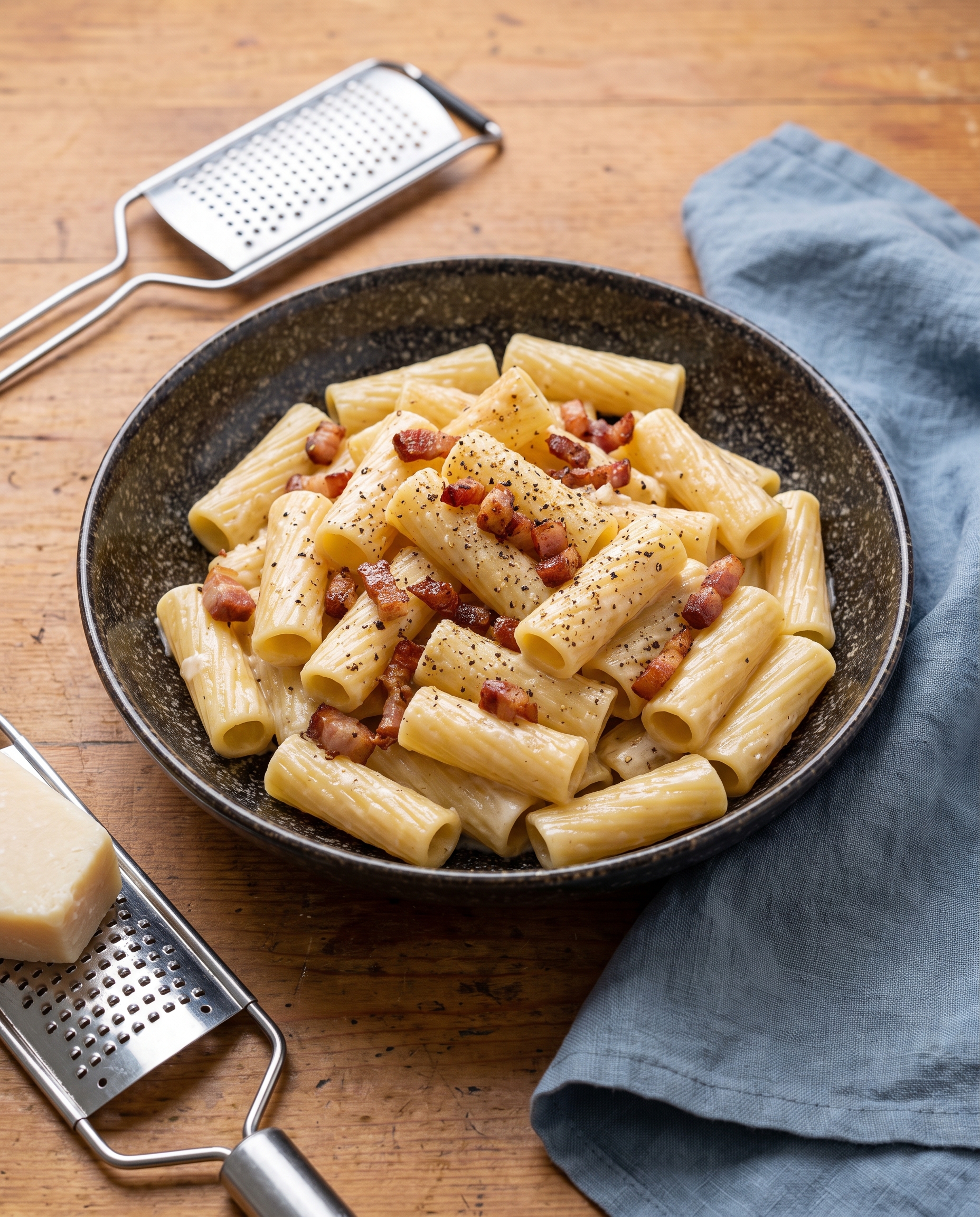 A dark bowl of Pasta alla Gricia viewed from the side