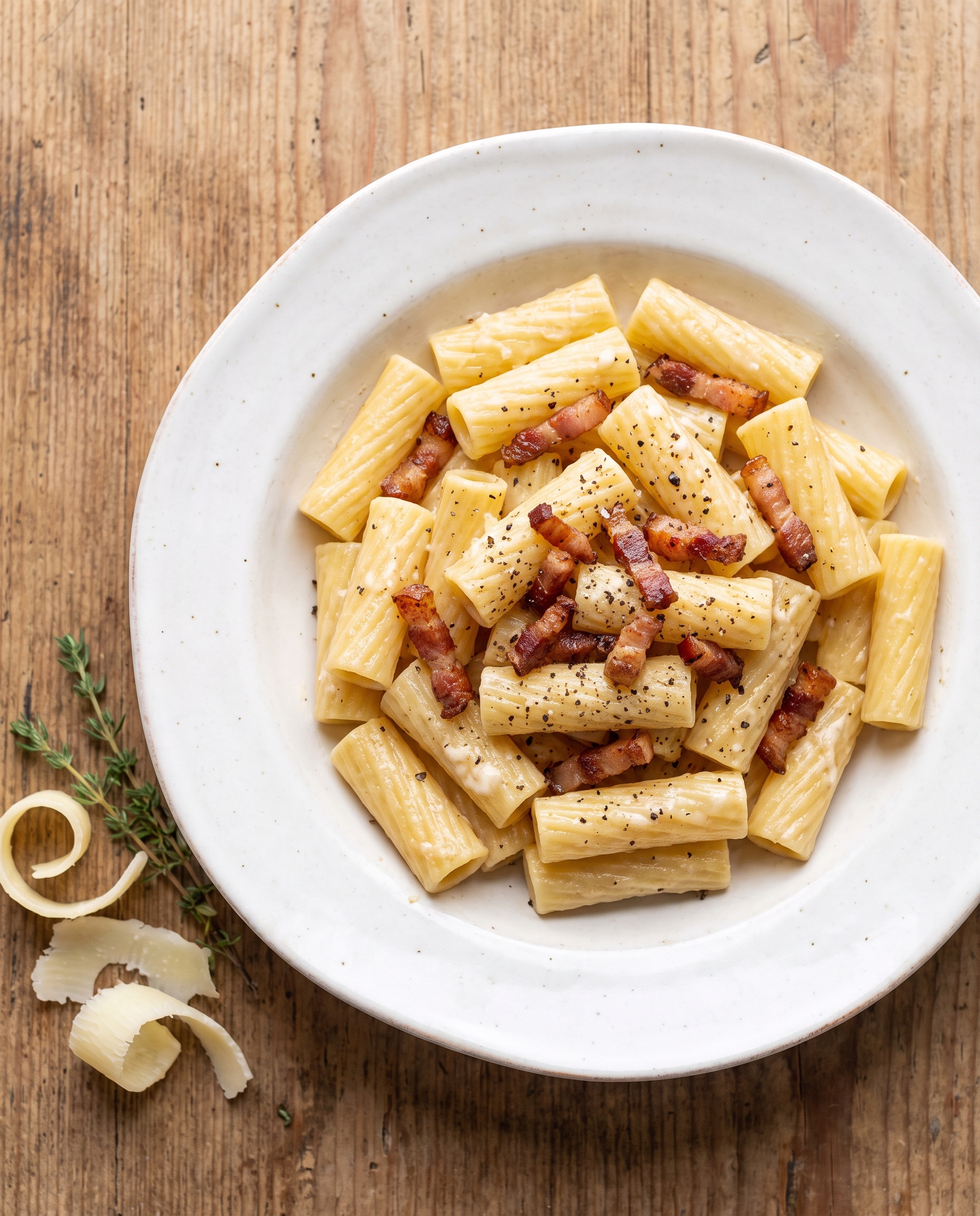 Overhead view of Pasta alla Gricia plated simply