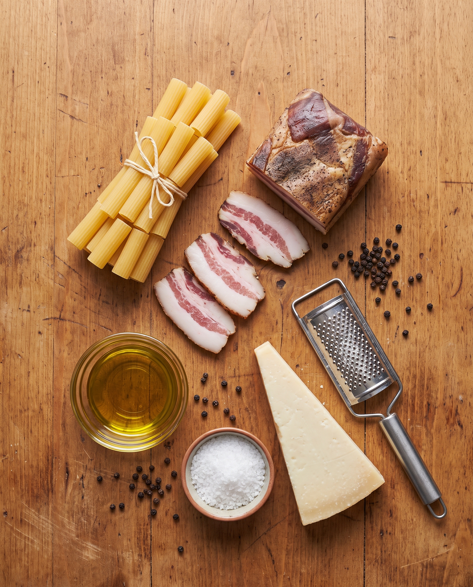 Ingredients for Pasta alla Gricia laid out on a wooden table