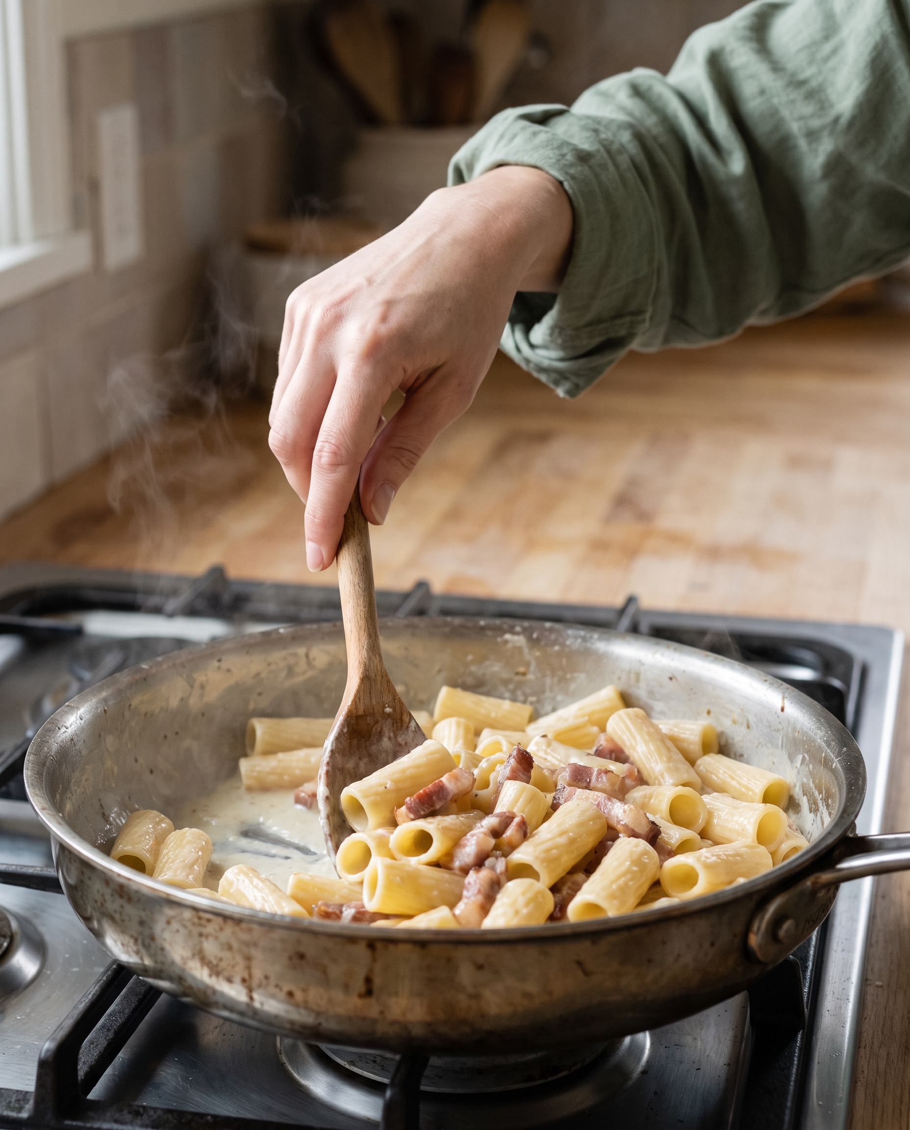 A woman's hand tossing Pasta alla Gricia in a skillet
