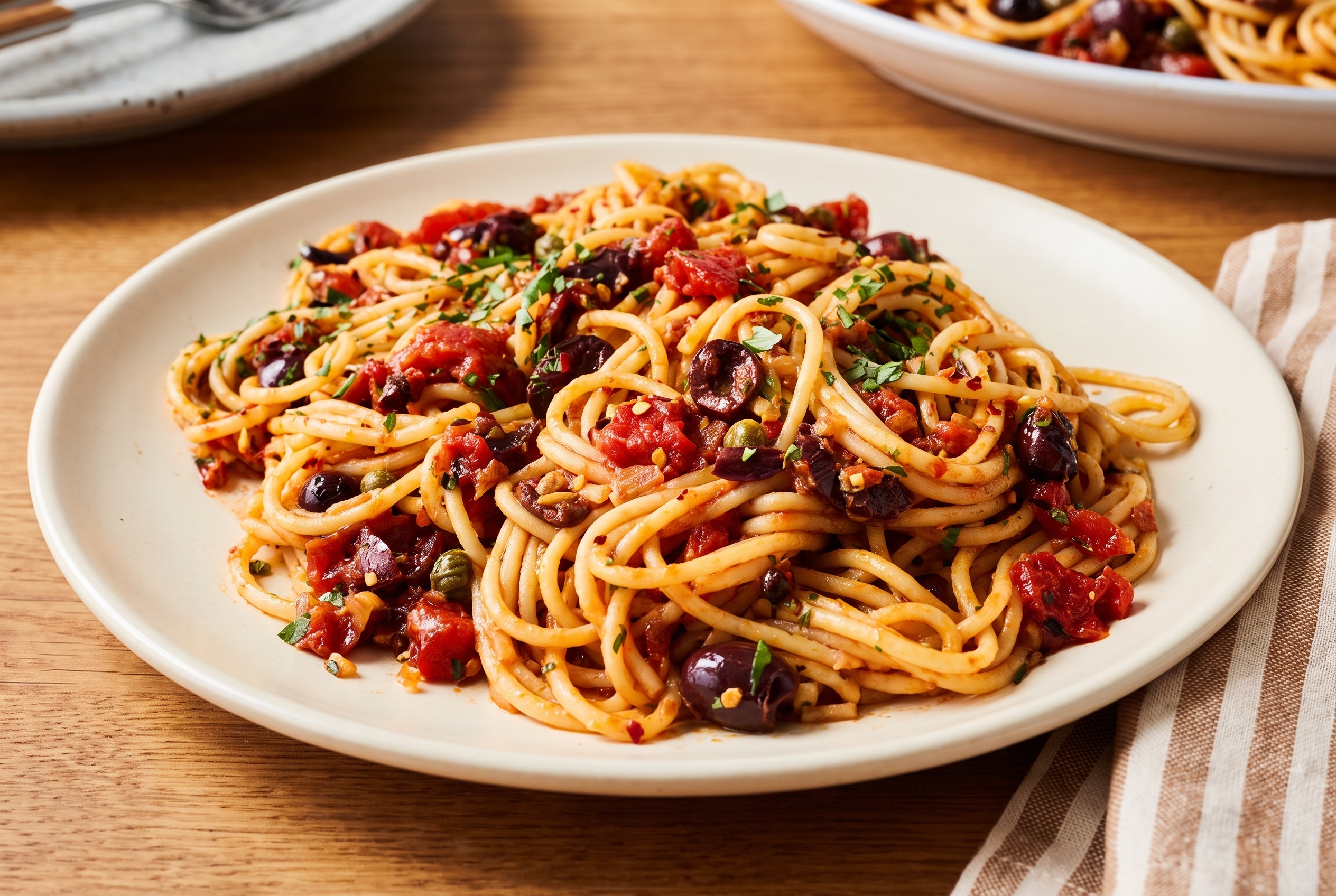 Pasta Puttanesca with Olives and Capers on a cream ceramic plate