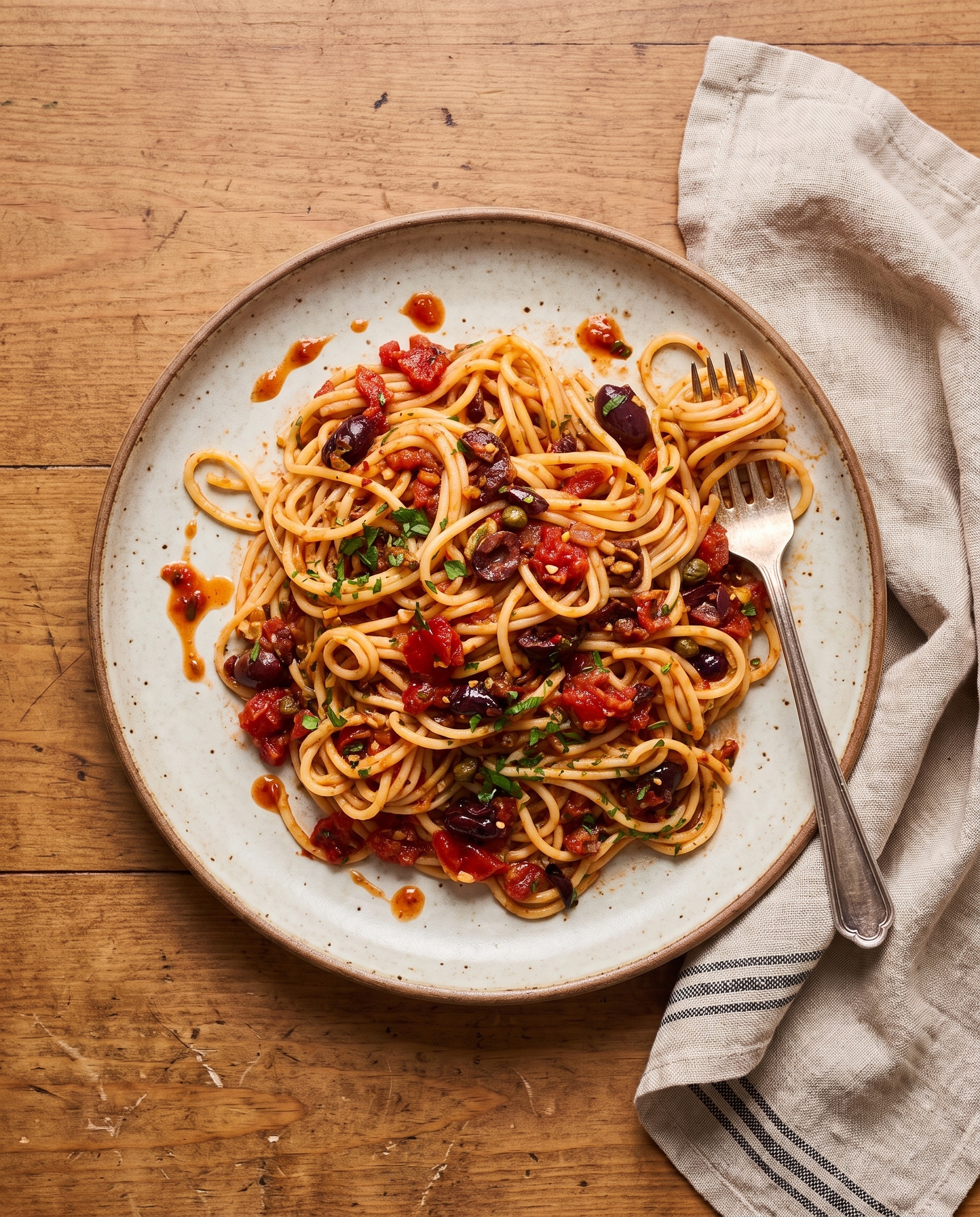 Overhead three-quarter view of Pasta Puttanesca on a rustic plate