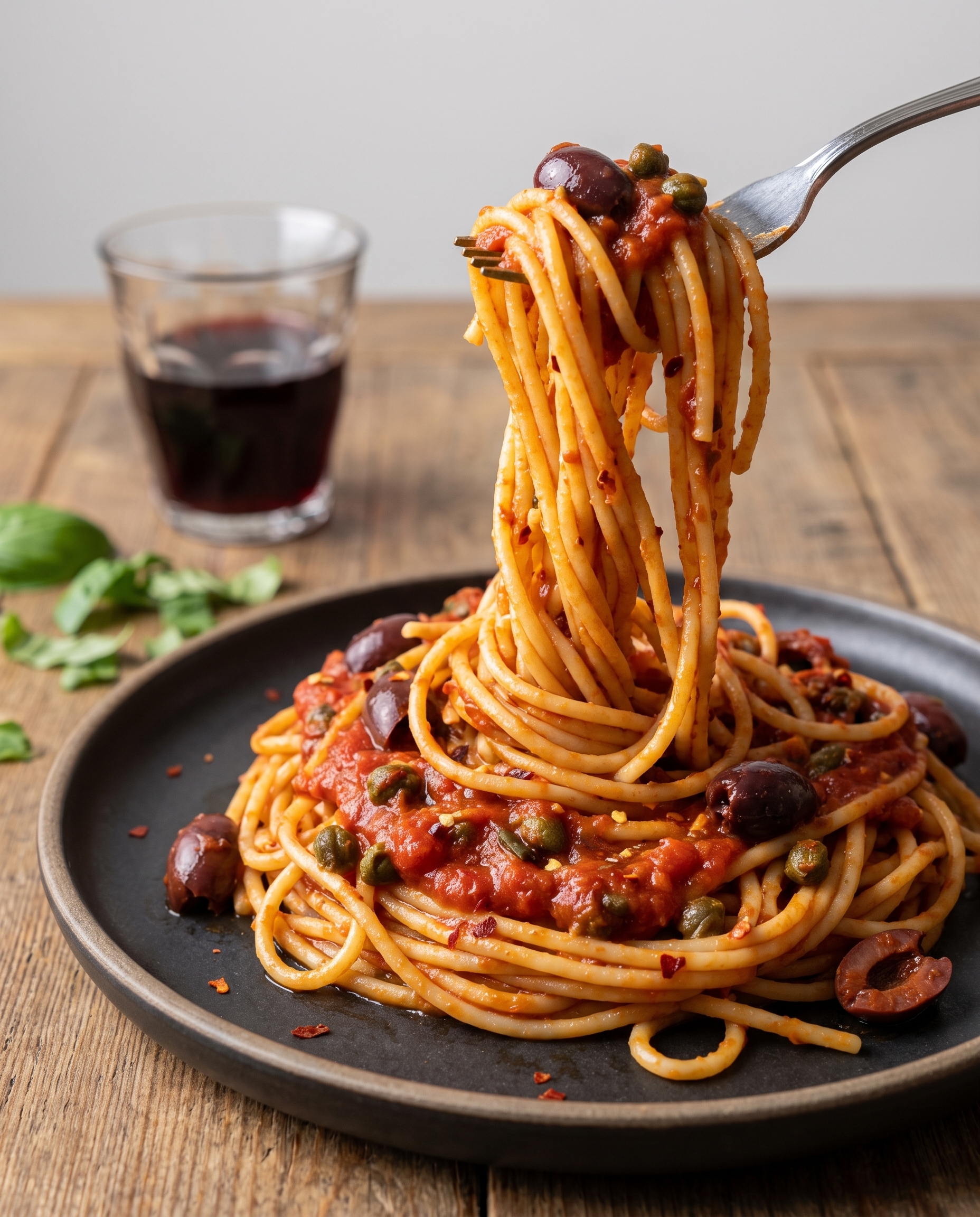 Twirled forkful of Pasta Puttanesca with olives and capers