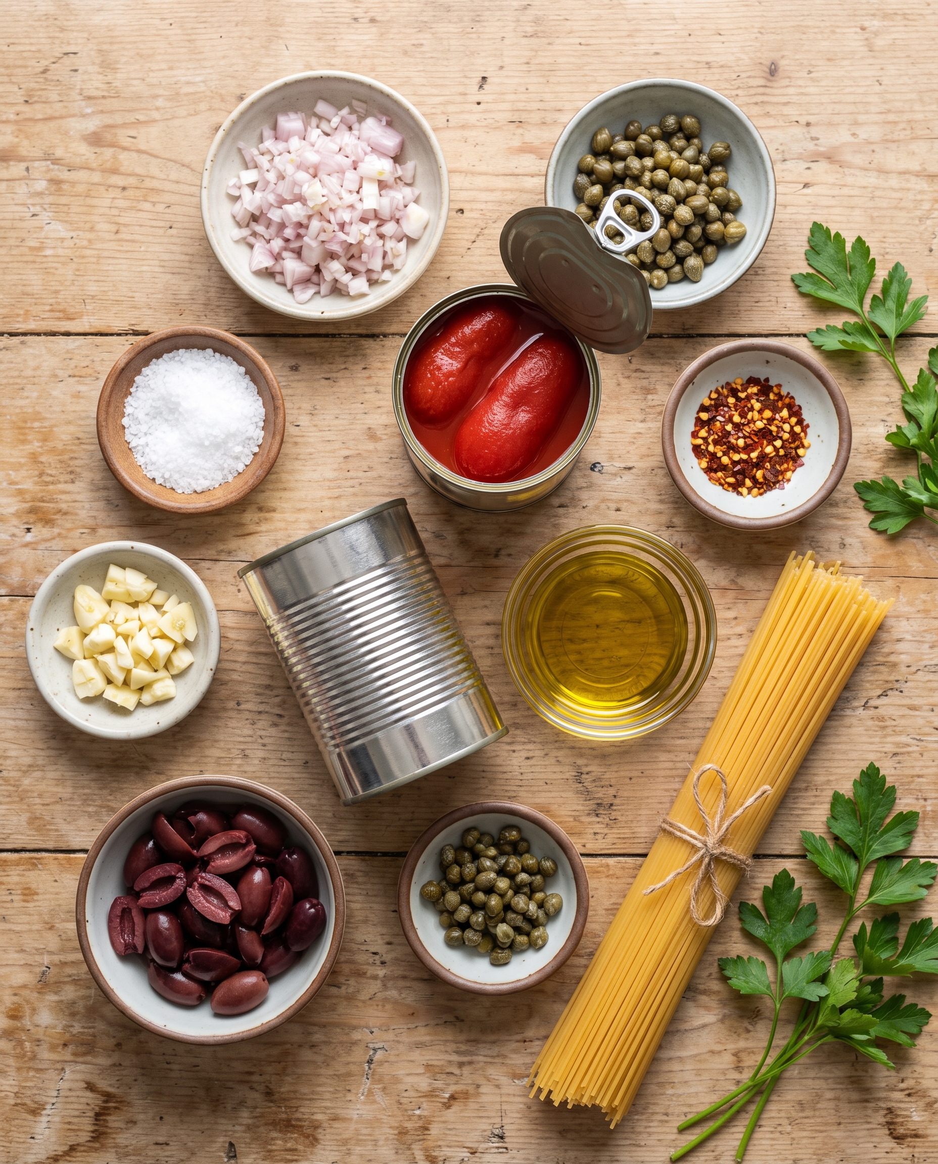 Pasta Puttanesca ingredients laid out on a wooden table