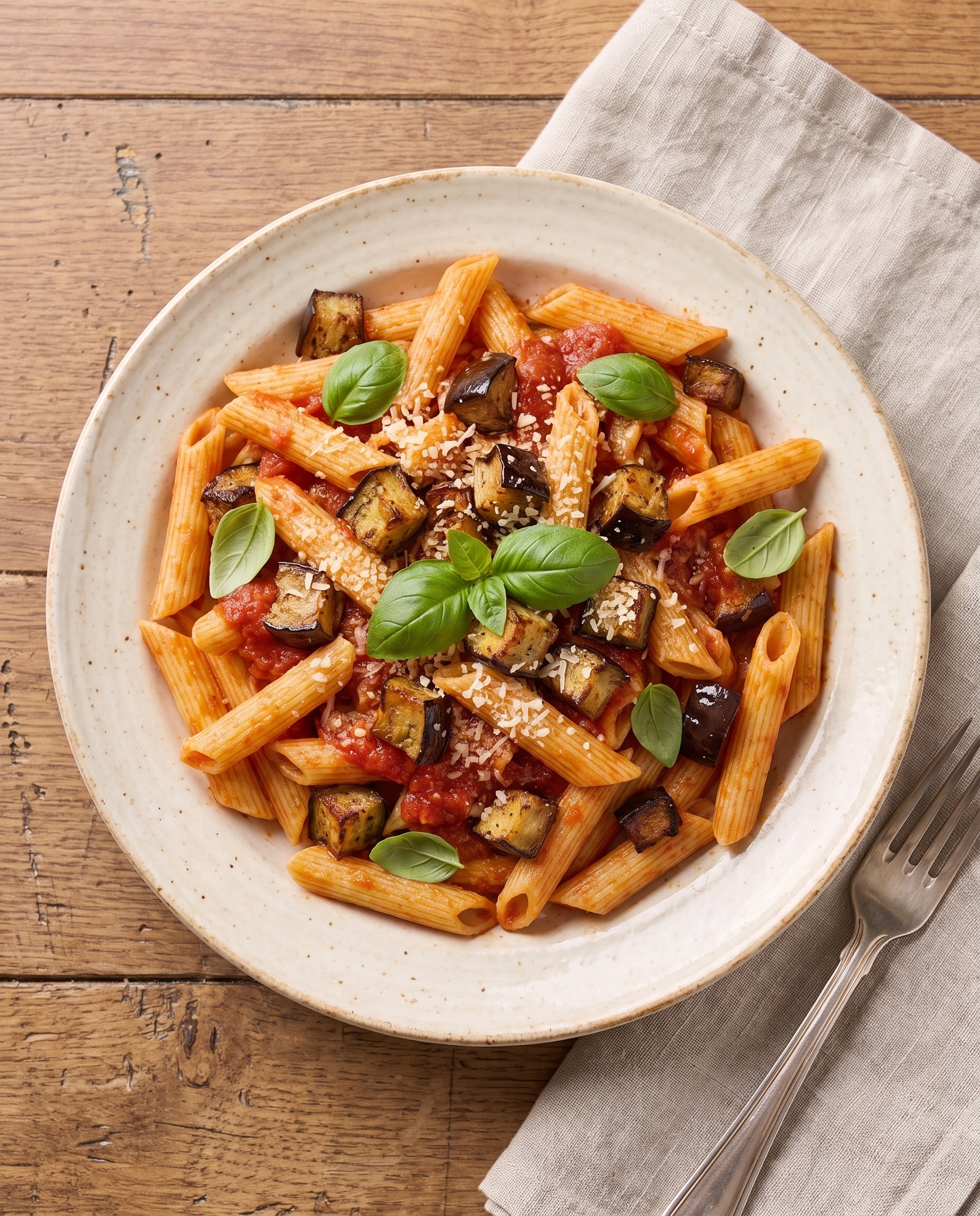 Overhead view of Penne alla Norma