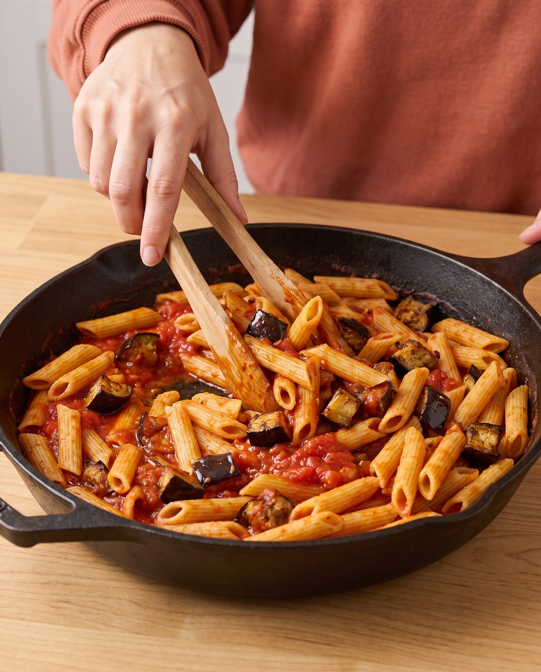 Tossing the pasta in the skillet