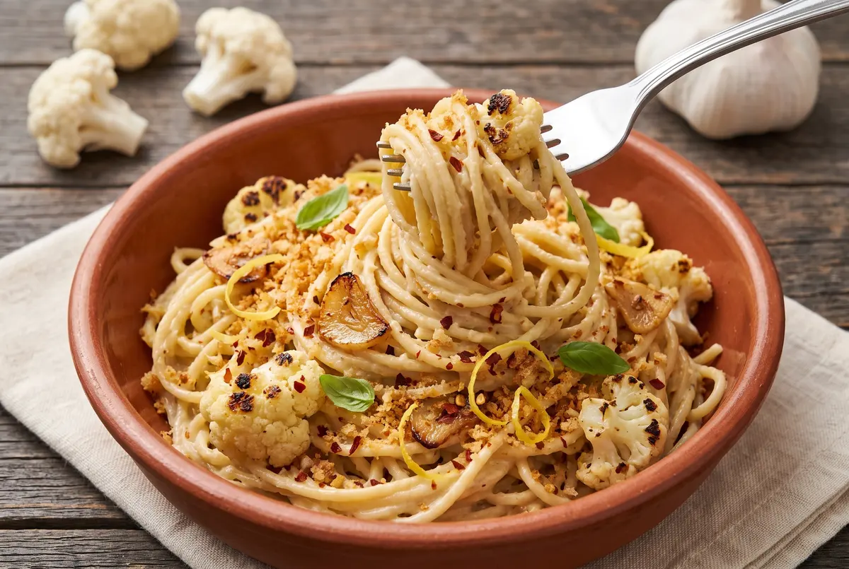 Creamy roasted garlic cauliflower alfredo in a terracotta bowl
